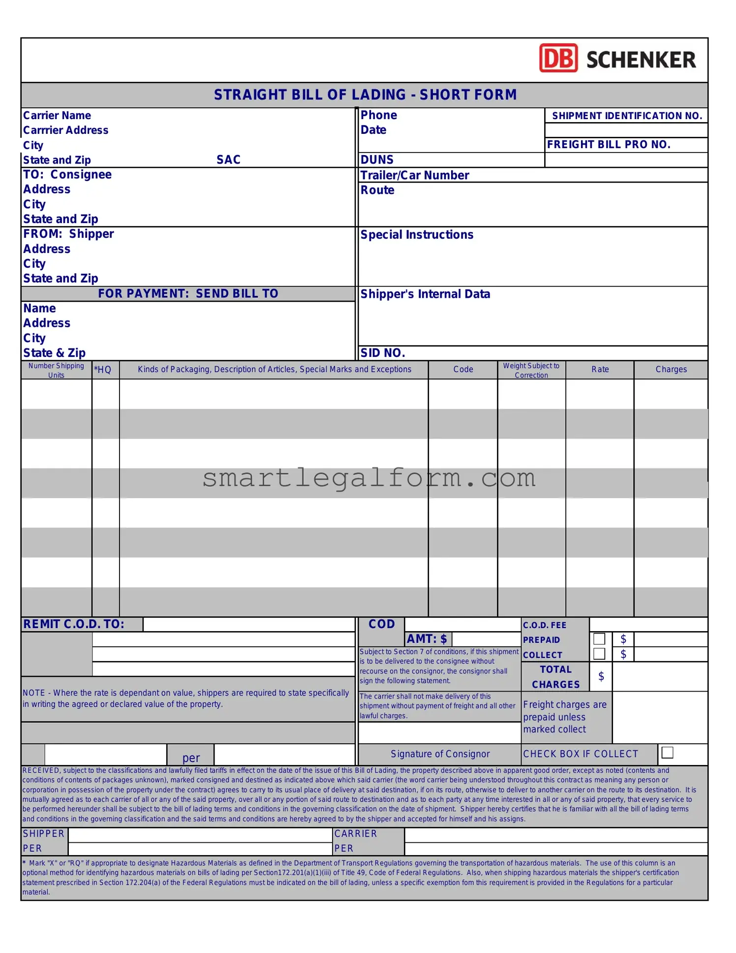 Free Straight Bill Of Lading Form