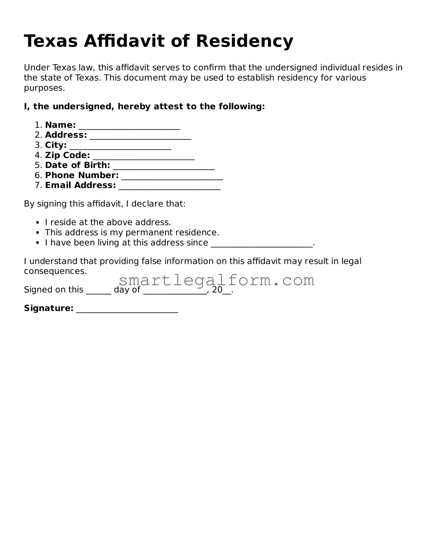 Printable Texas Affidavit of Residency Document