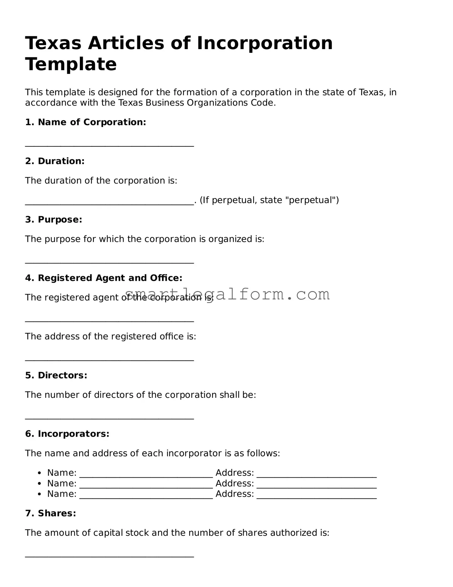 Printable Texas Articles of Incorporation Document