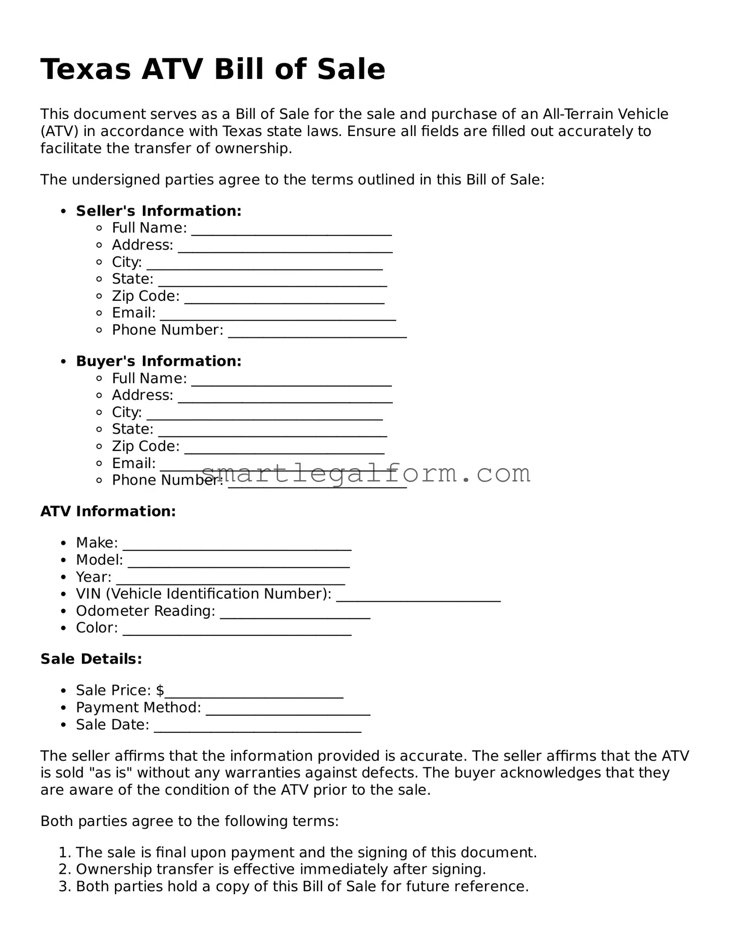 Printable Texas ATV Bill of Sale Document