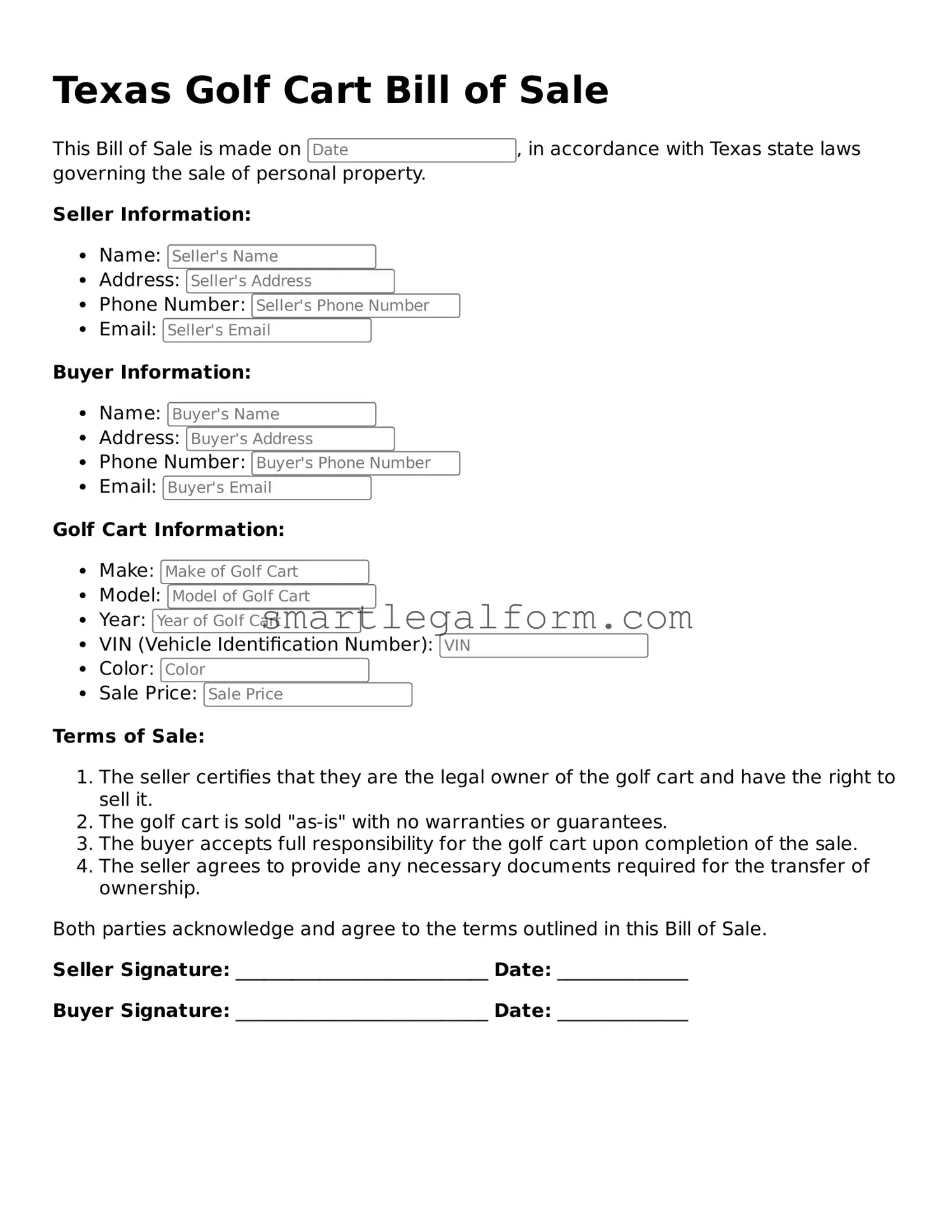 Printable Texas Golf Cart Bill of Sale Document