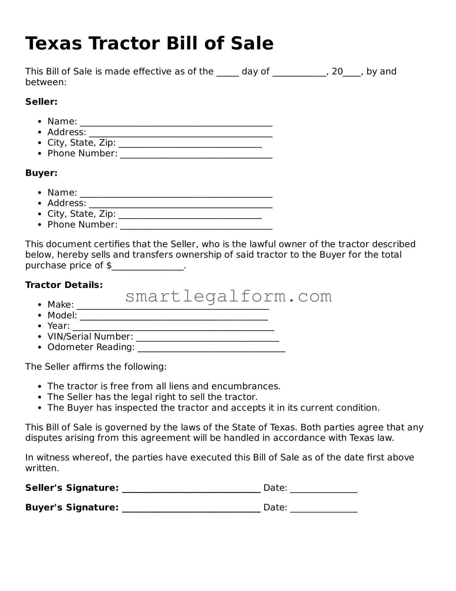 Printable Texas Tractor Bill of Sale Document