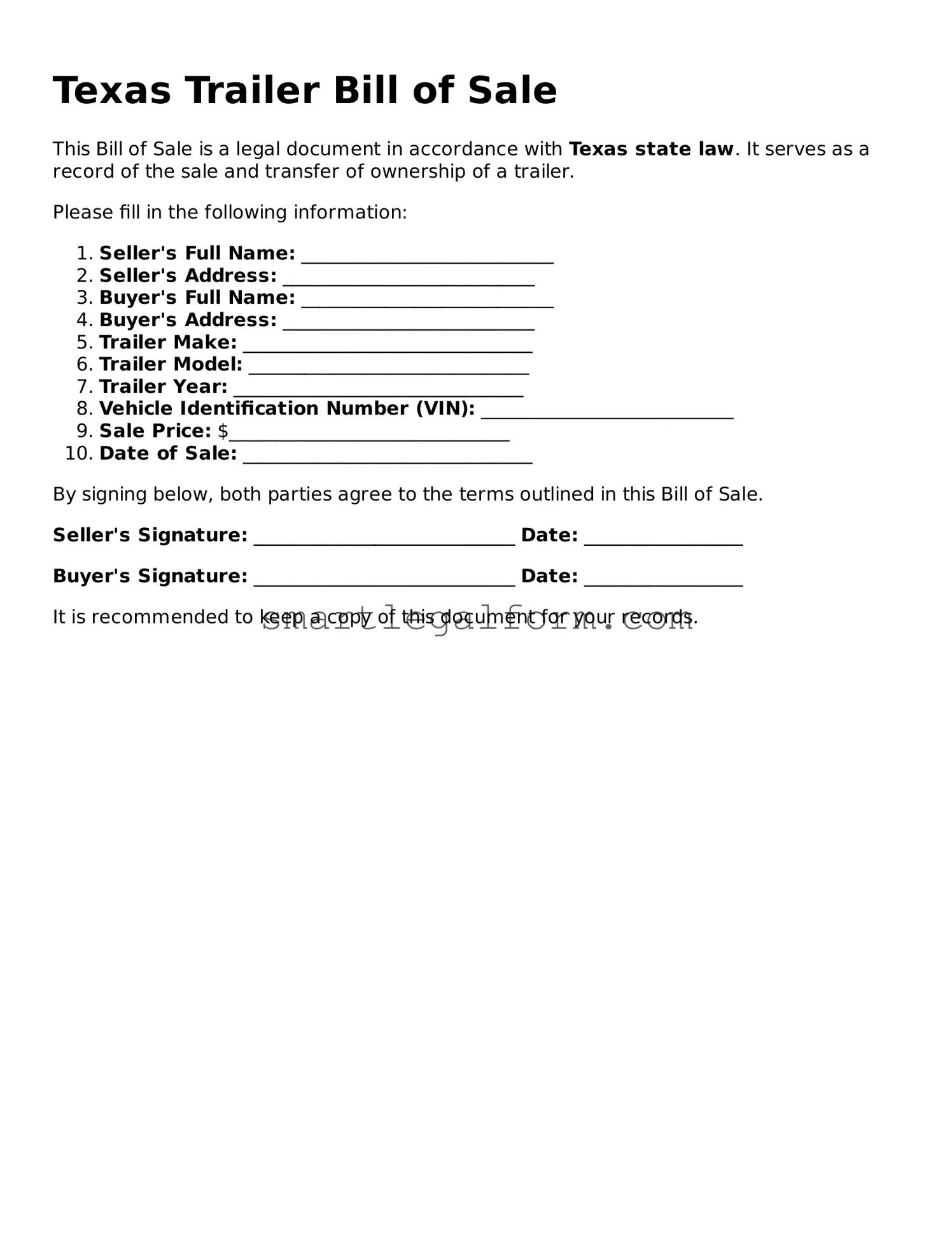 Printable Texas Trailer Bill of Sale Document