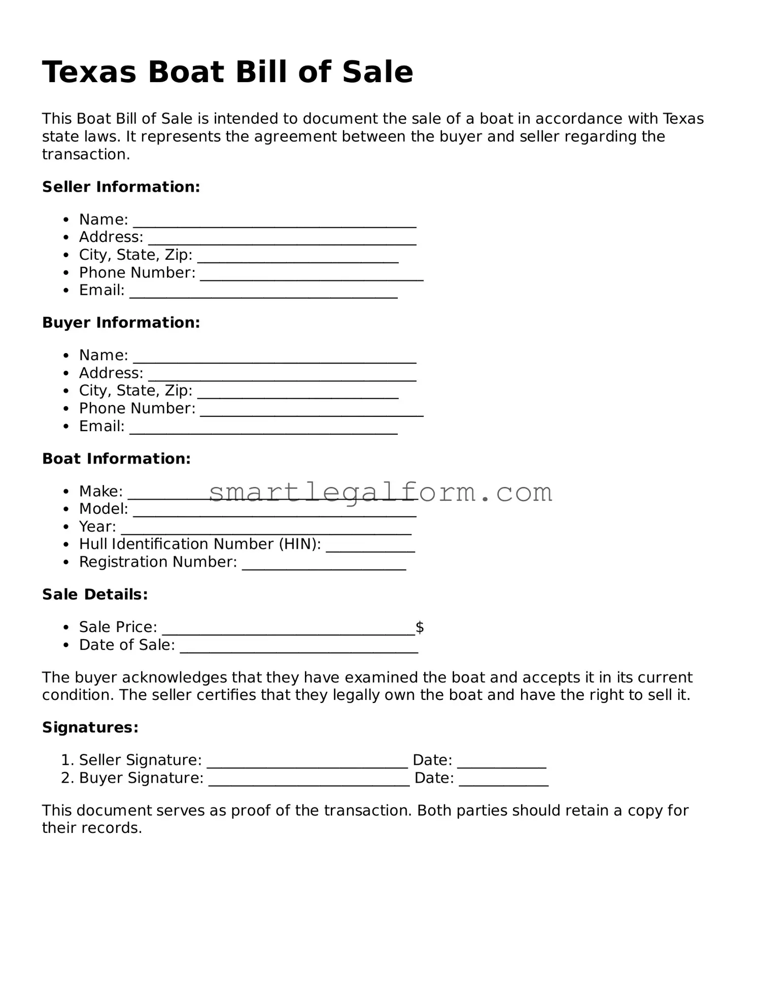 Printable Texas Boat Bill of Sale Document