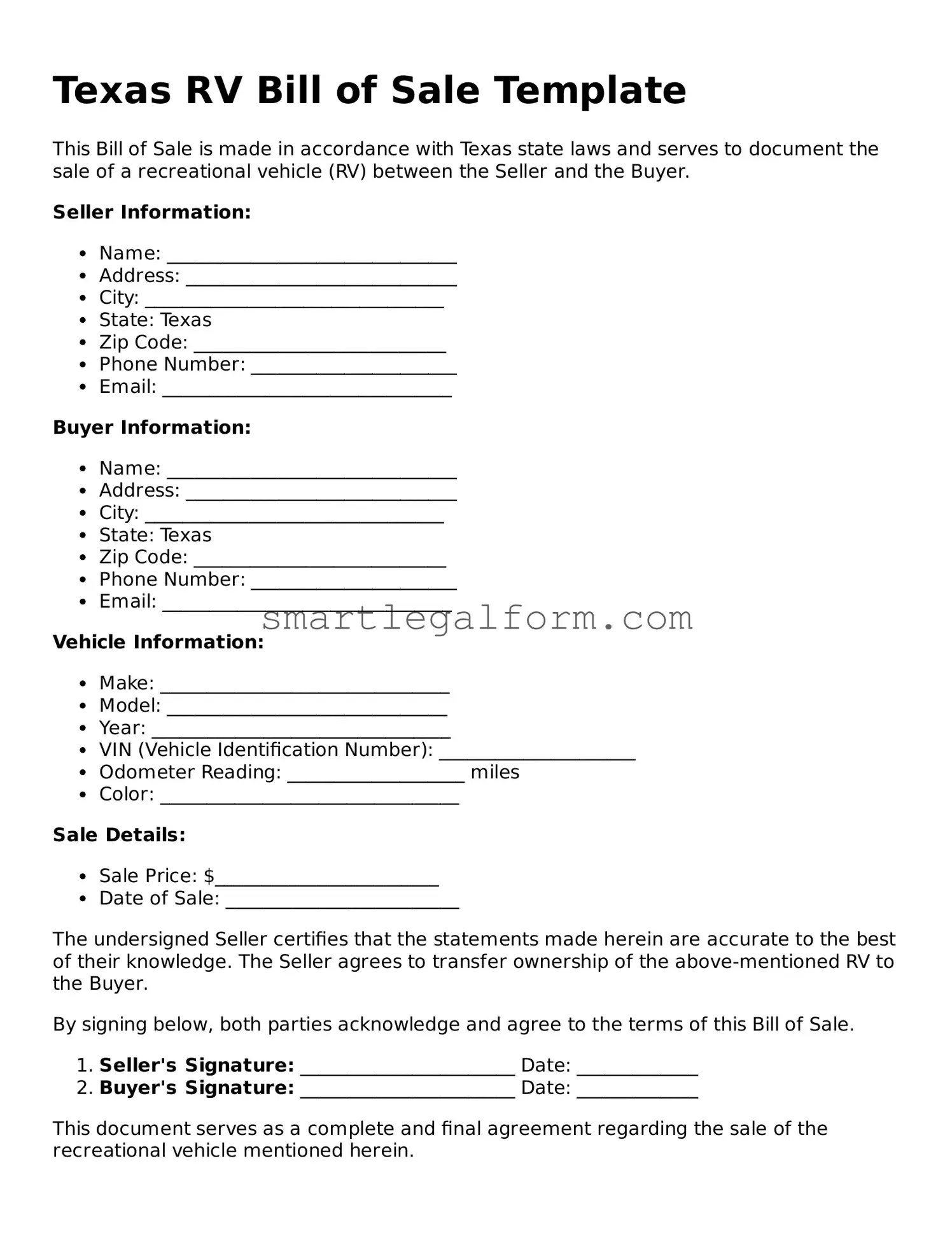 Printable Texas RV Bill of Sale Document