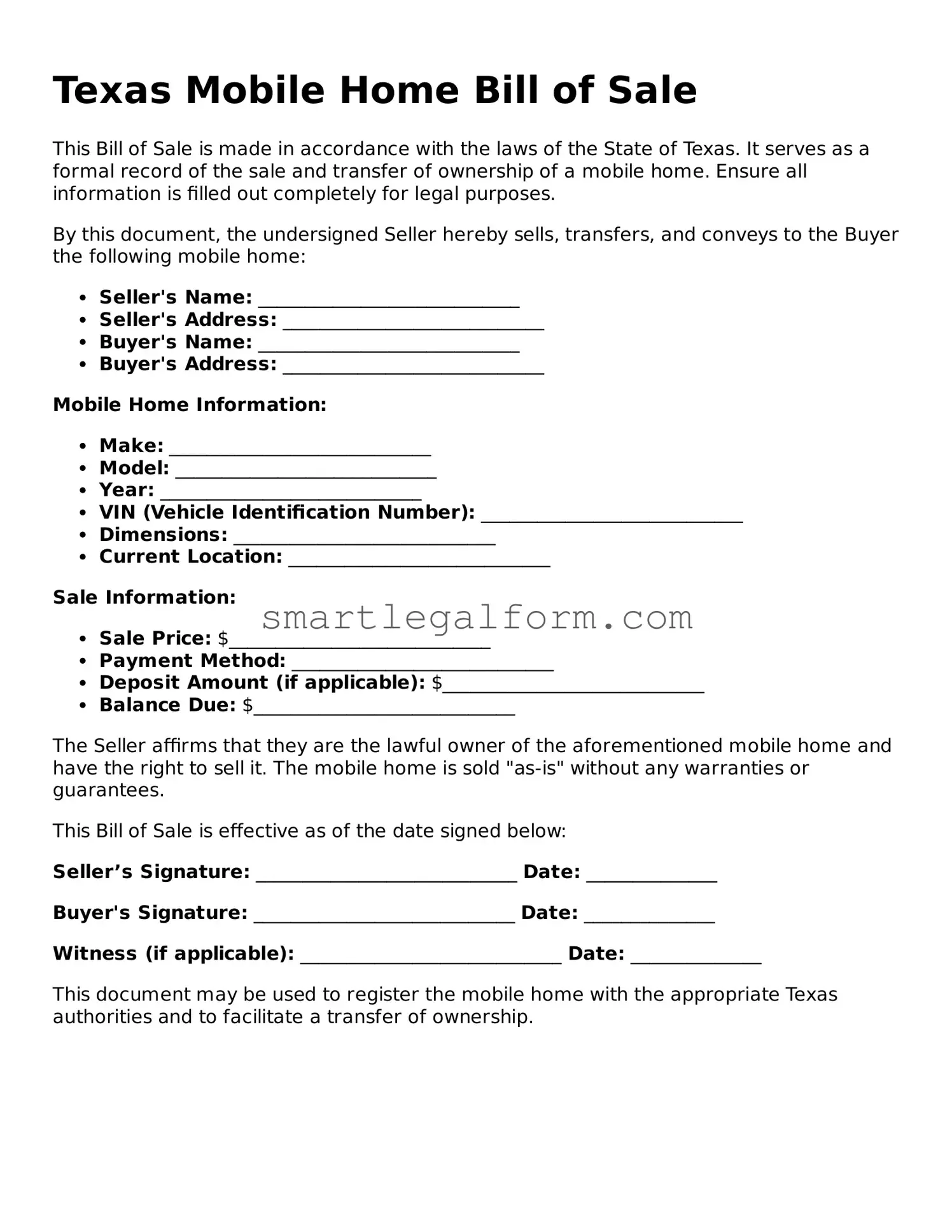 Printable Texas Mobile Home Bill of Sale Document