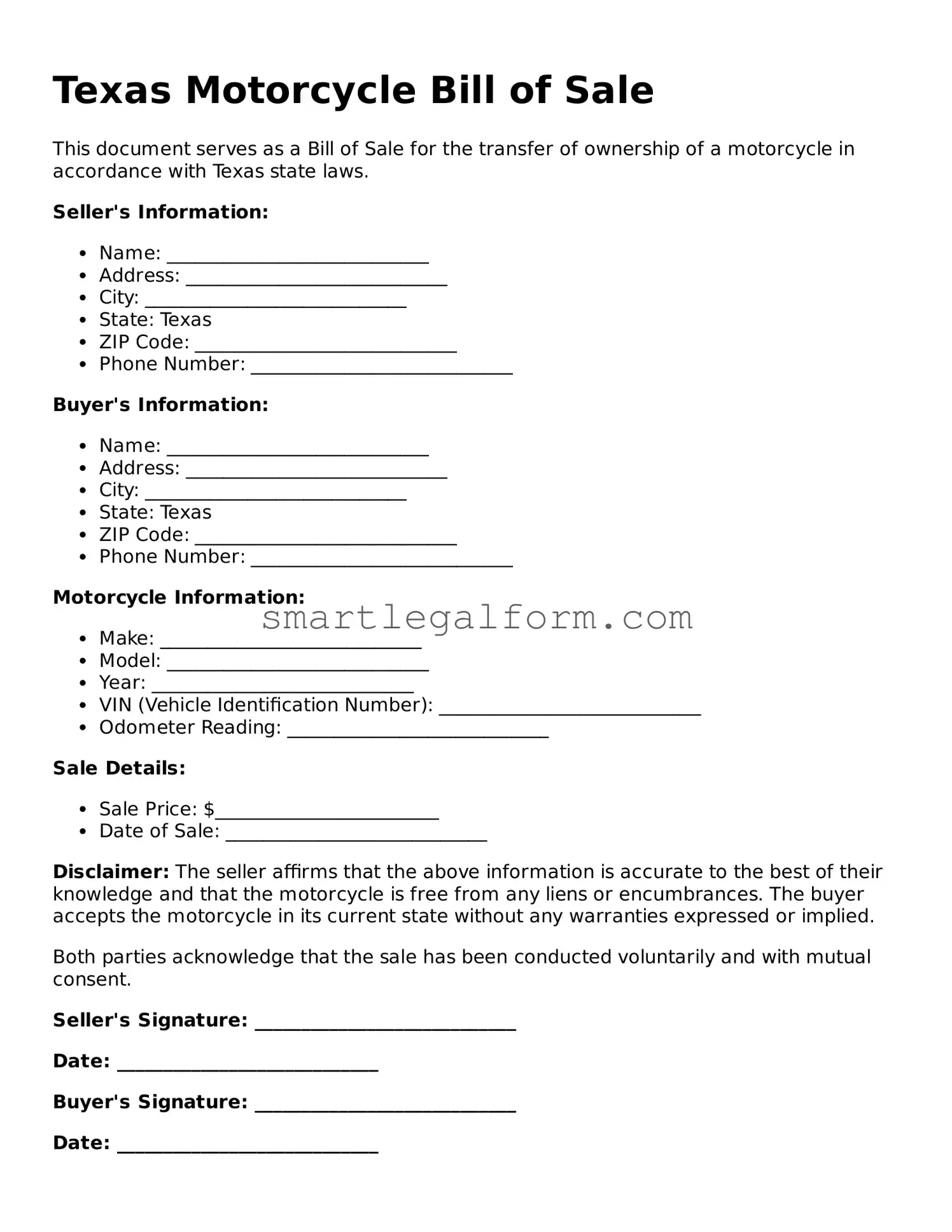 Printable Texas Motorcycle Bill of Sale Document
