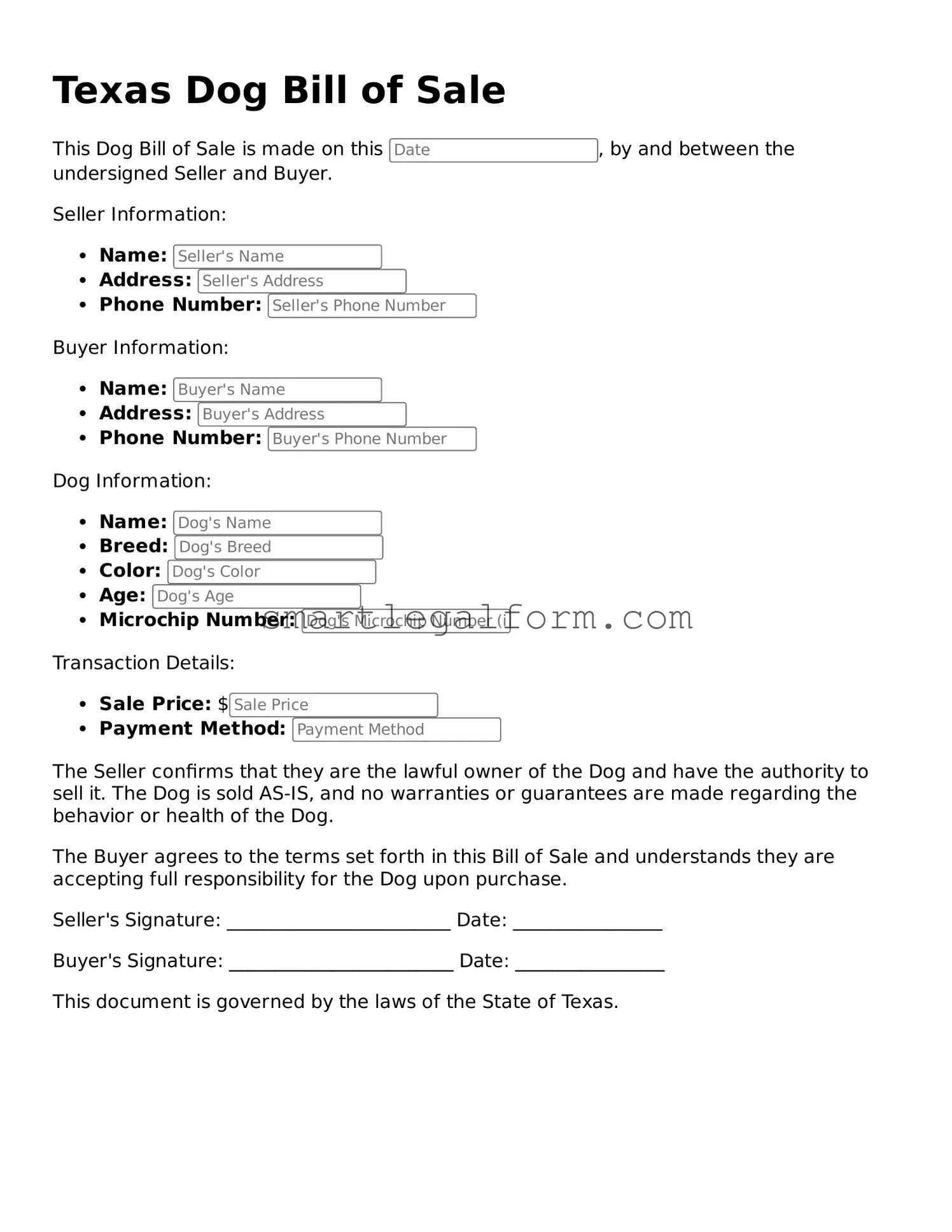 Printable Texas Dog Bill of Sale Document
