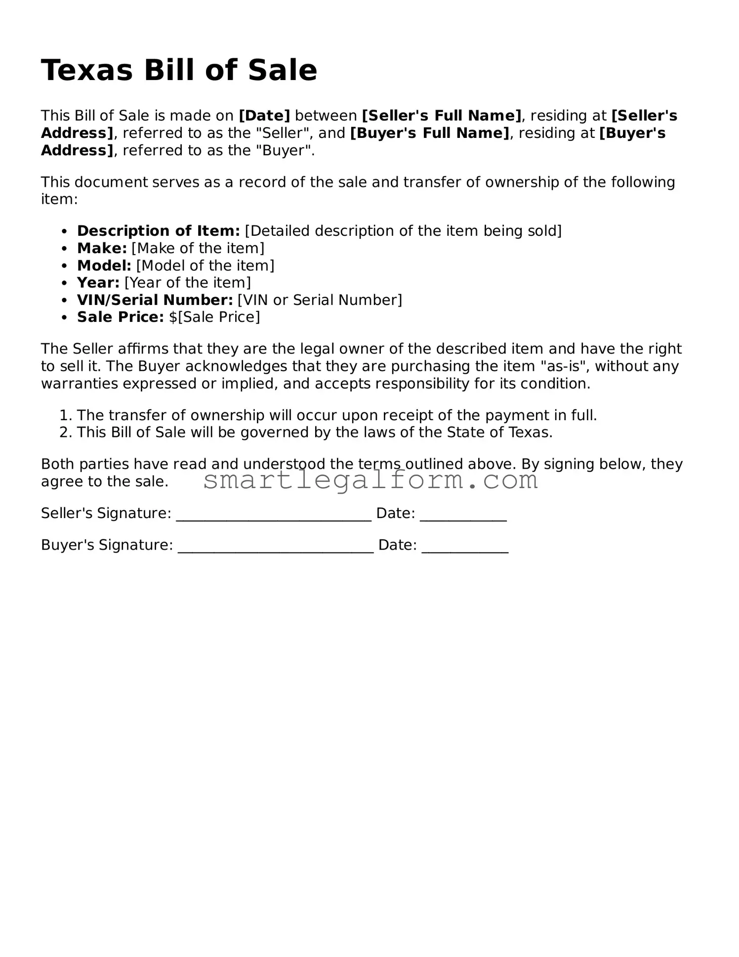 Printable Texas Bill of Sale Document