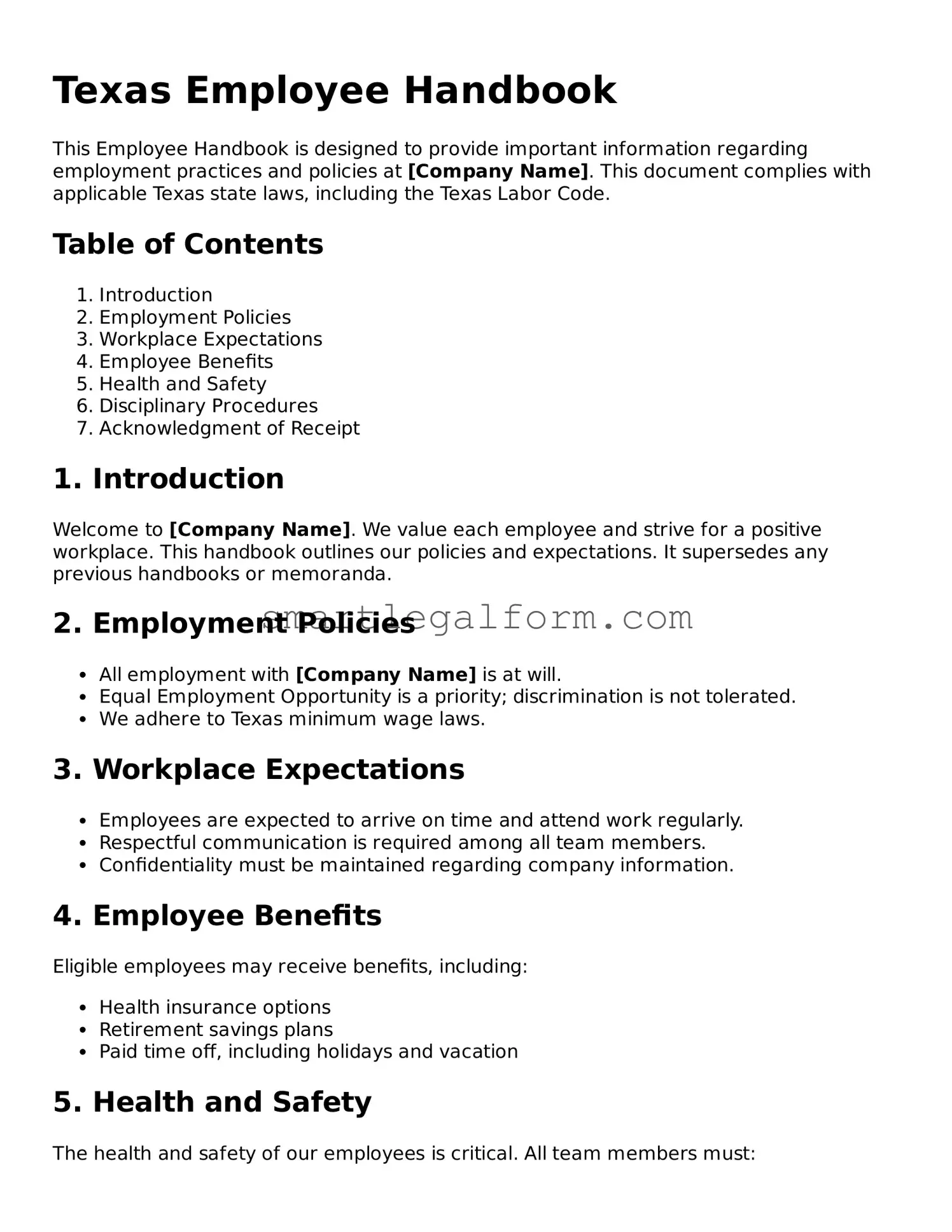 Printable Texas Employee Handbook Document