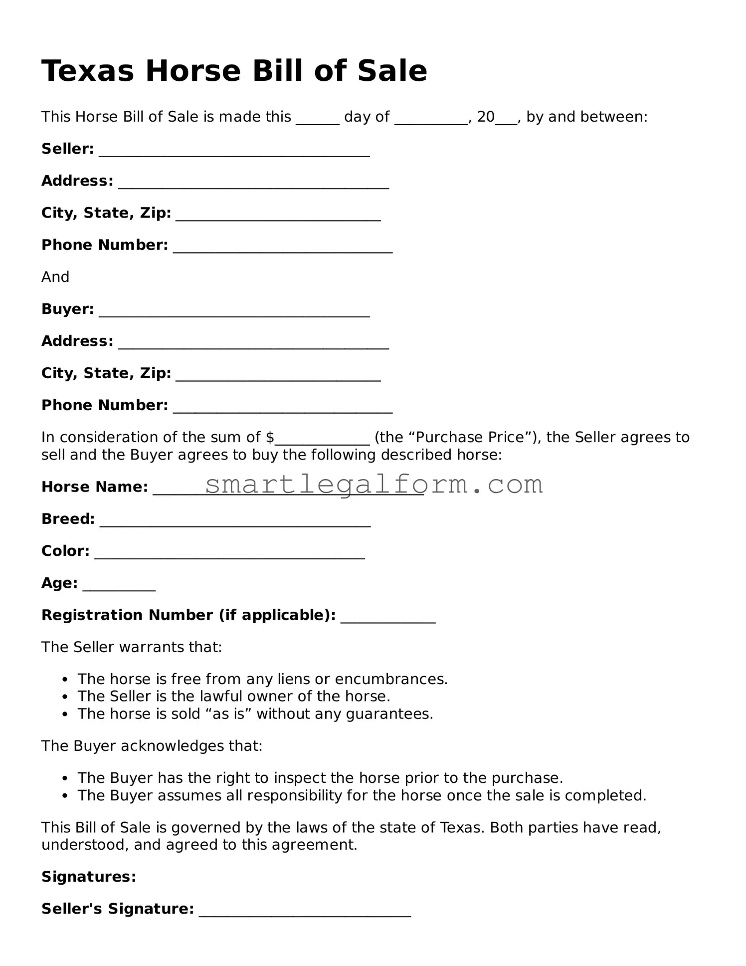 Printable Texas Horse Bill of Sale Document