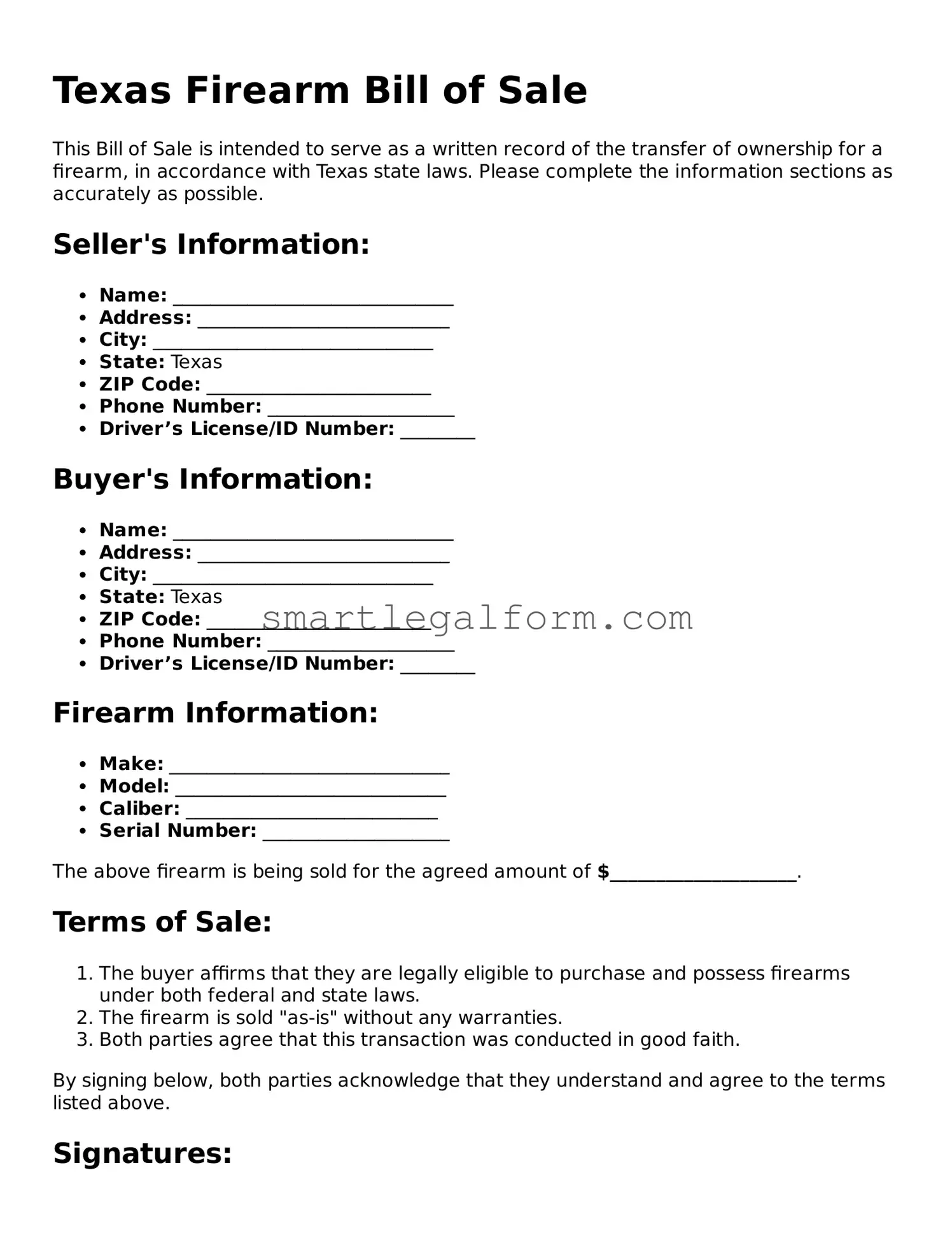 Printable Texas Firearm Bill of Sale Document