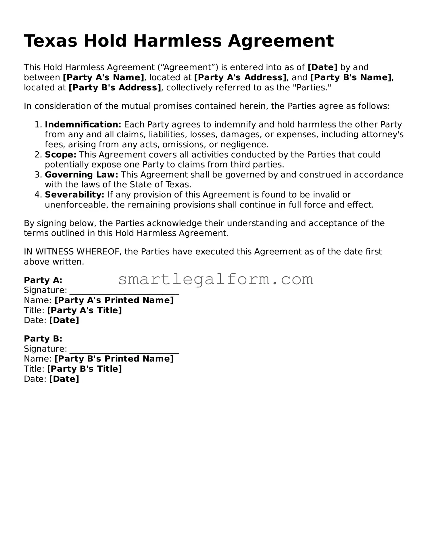 Printable Texas Hold Harmless Agreement Document