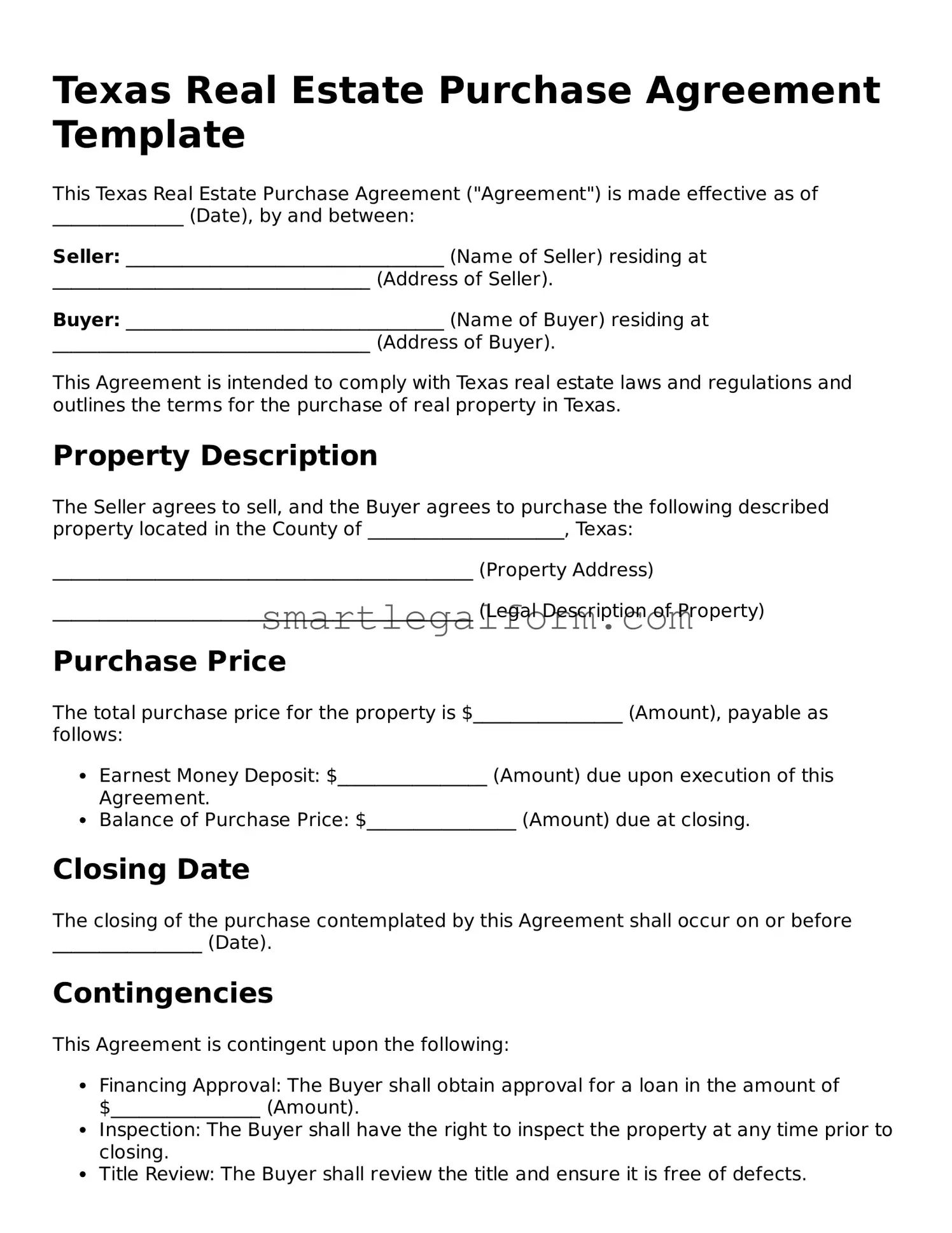 Printable Texas Real Estate Purchase Agreement Document