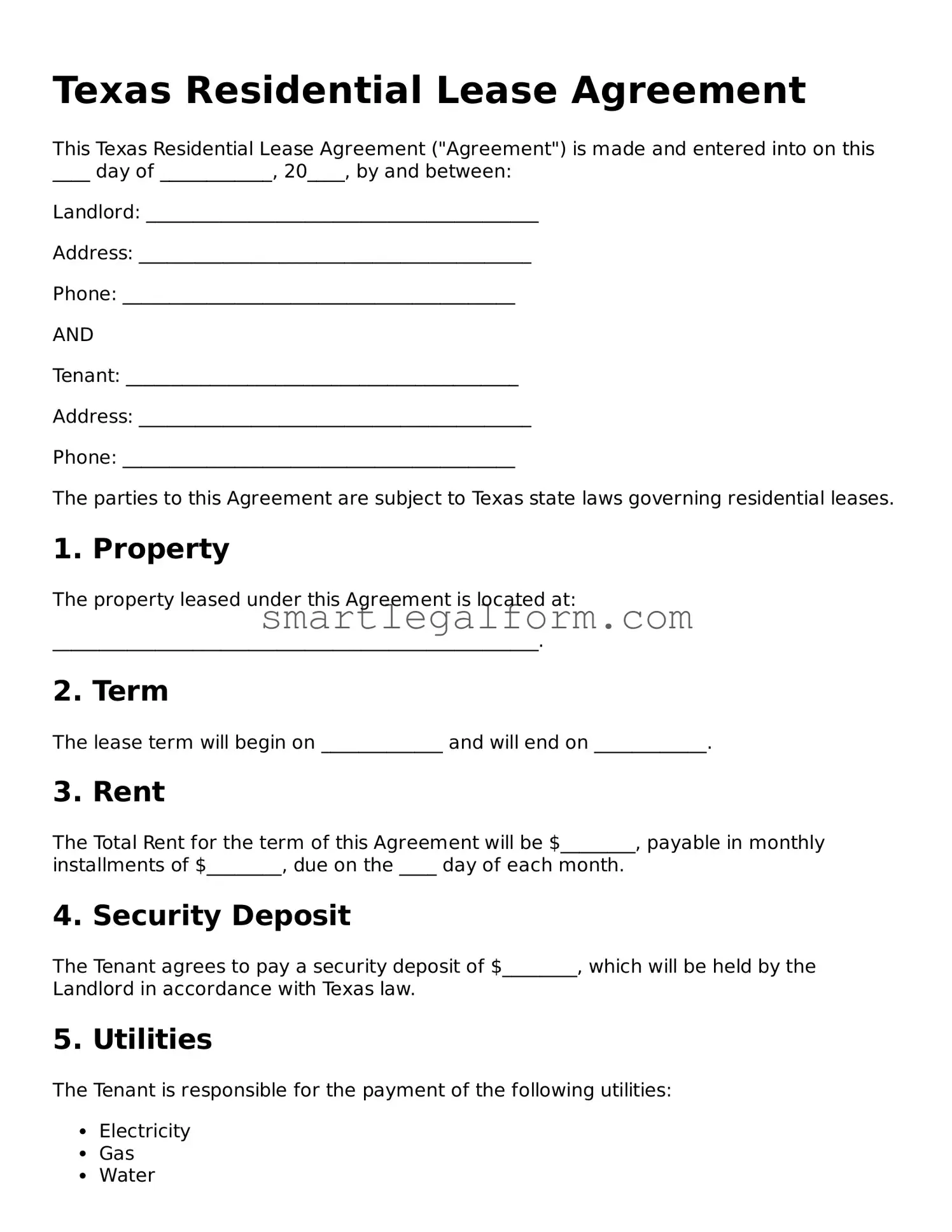 Printable Texas Residential Lease Agreement Document