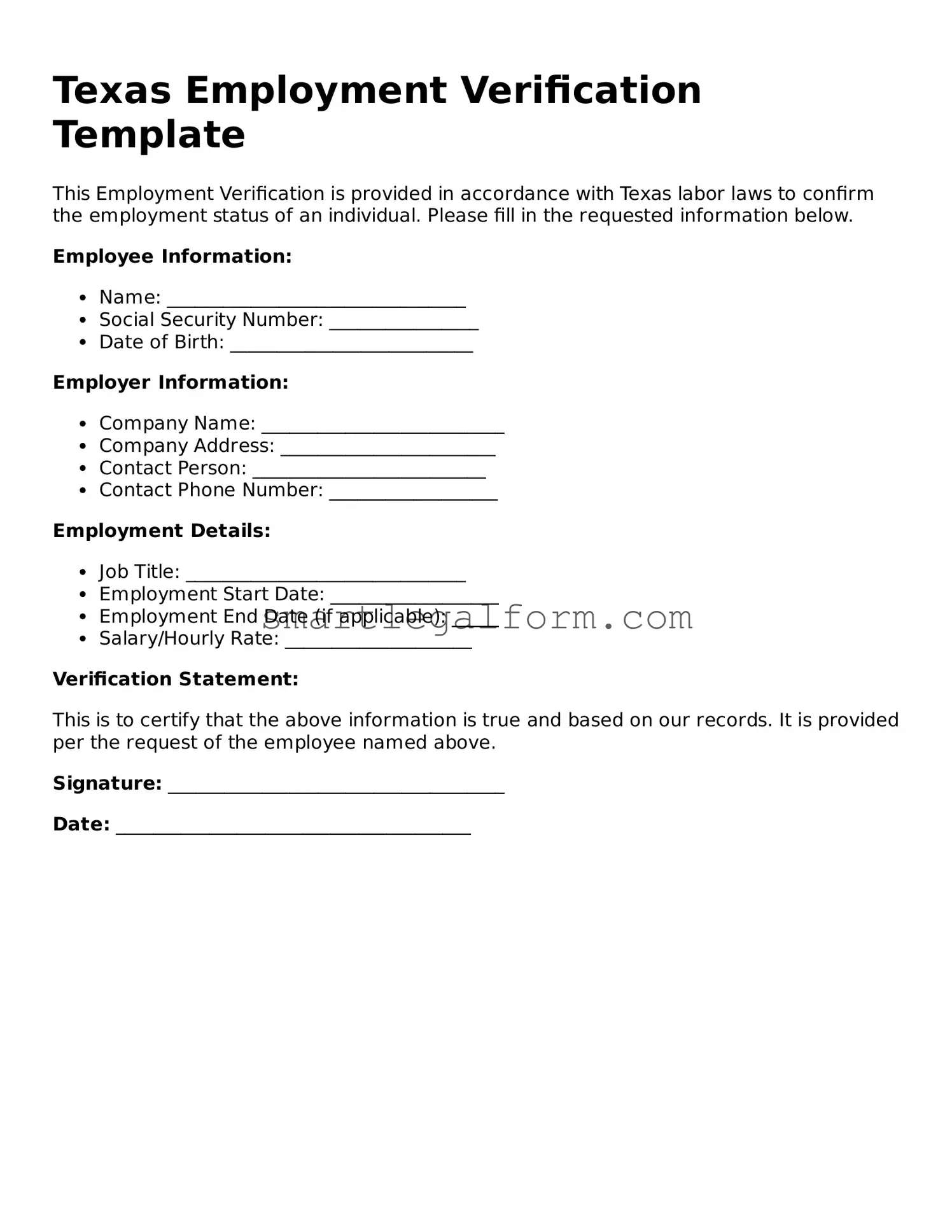 Printable Texas Employment Verification Document