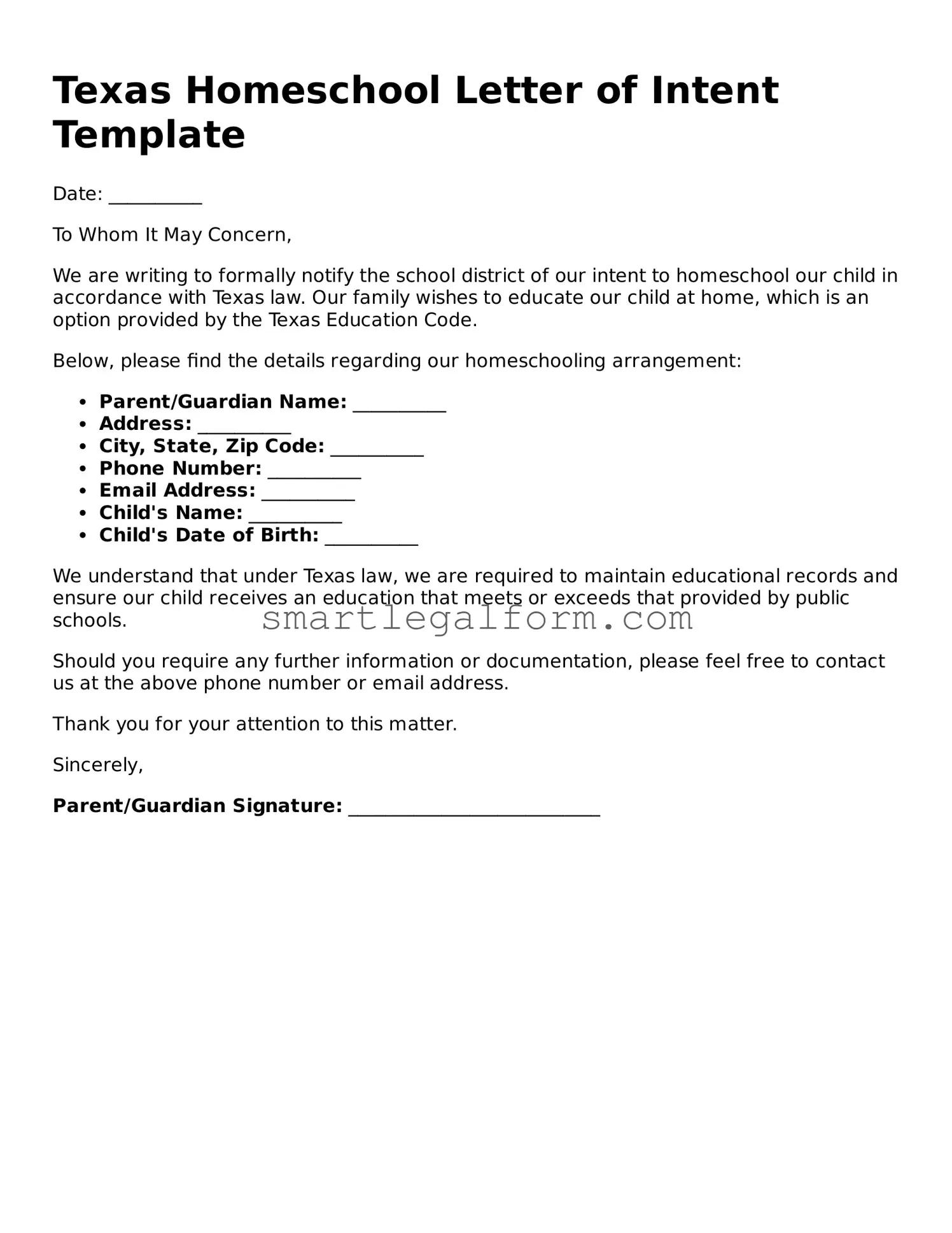 Printable Texas Homeschool Letter of Intent Document