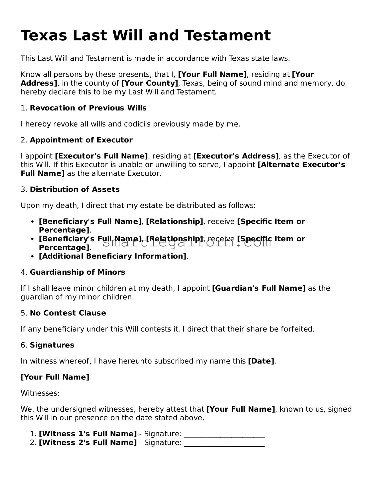 Printable Texas Last Will and Testament Document