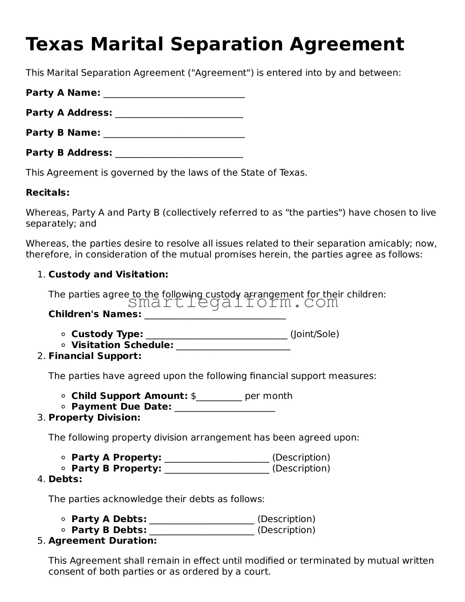 Printable Texas Marital Separation Agreement Document