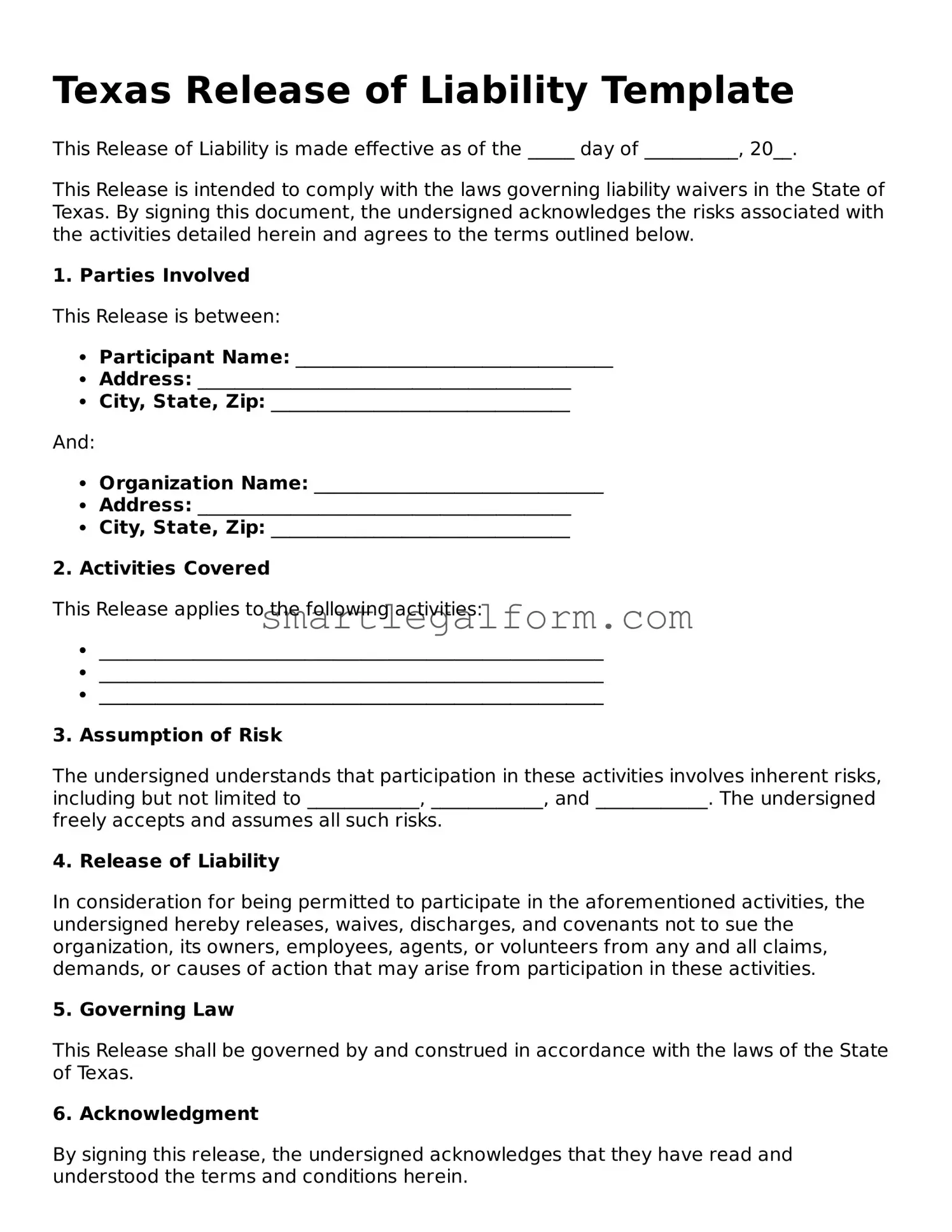 Printable Texas Release of Liability Document