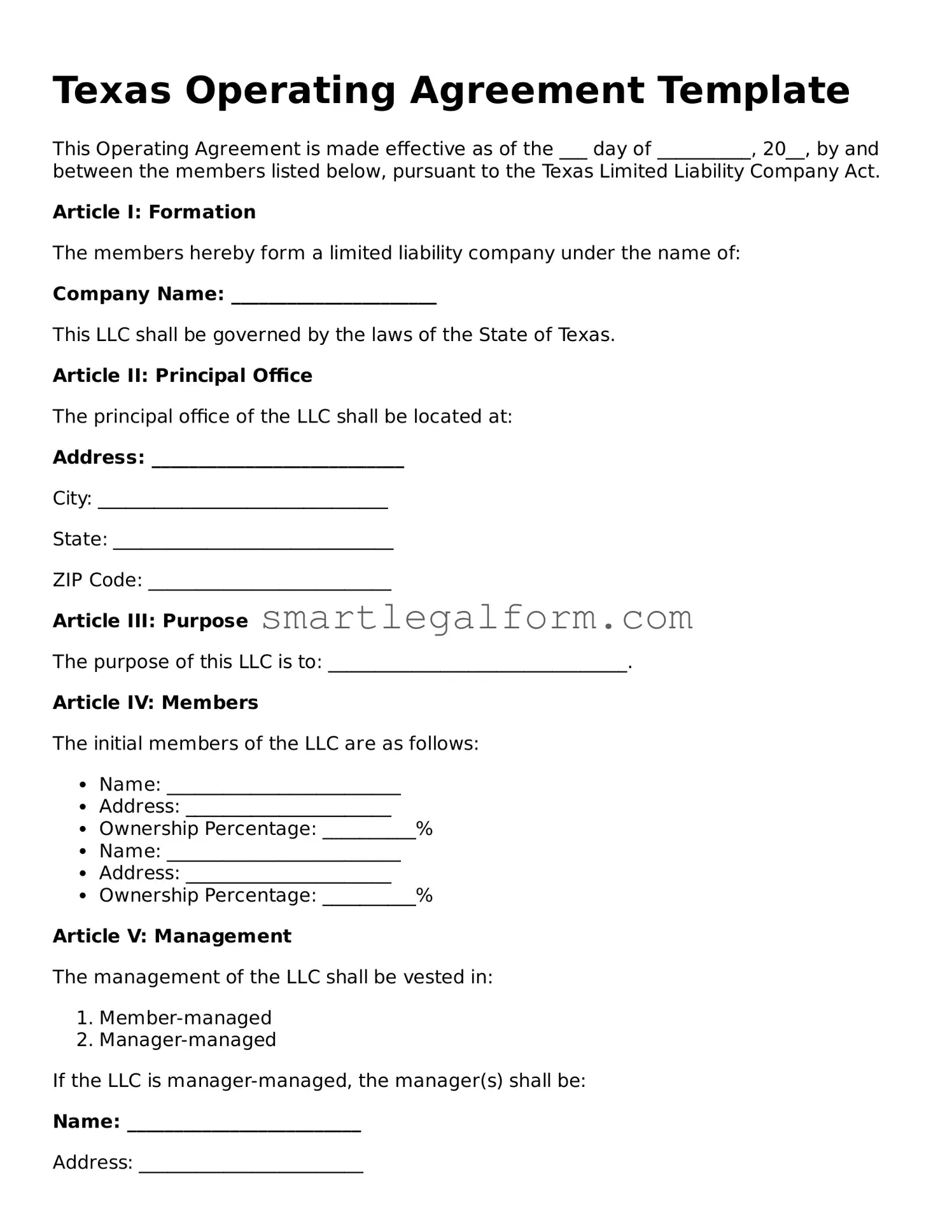 Printable Texas Operating Agreement Document