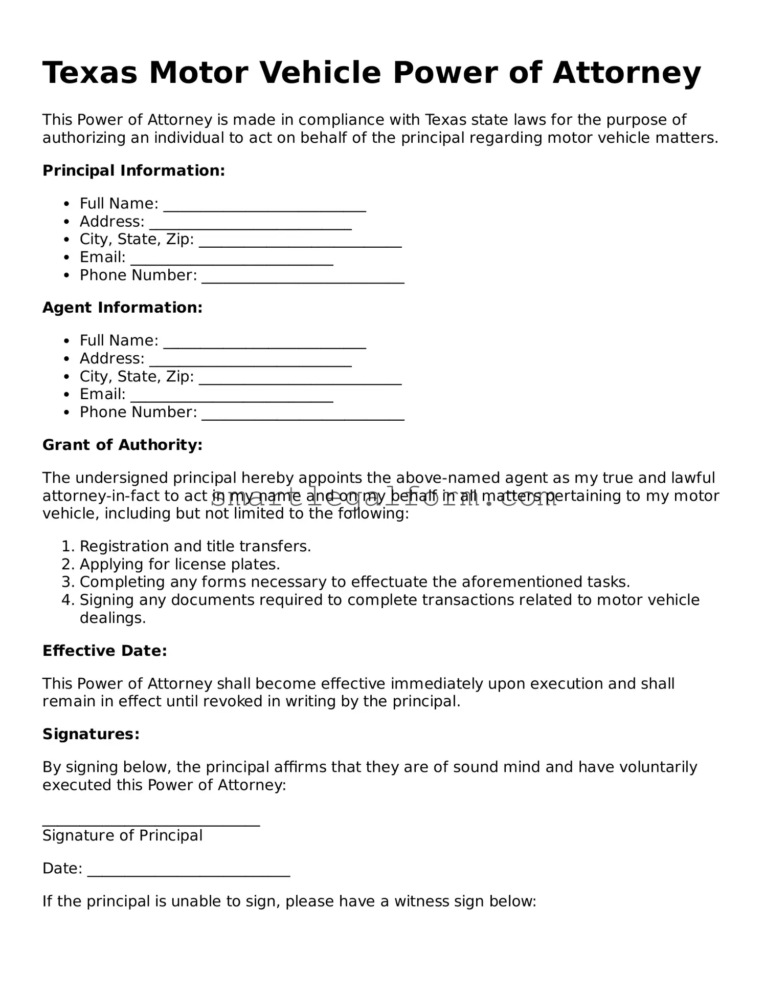 Printable Texas Motor Vehicle Power of Attorney Document
