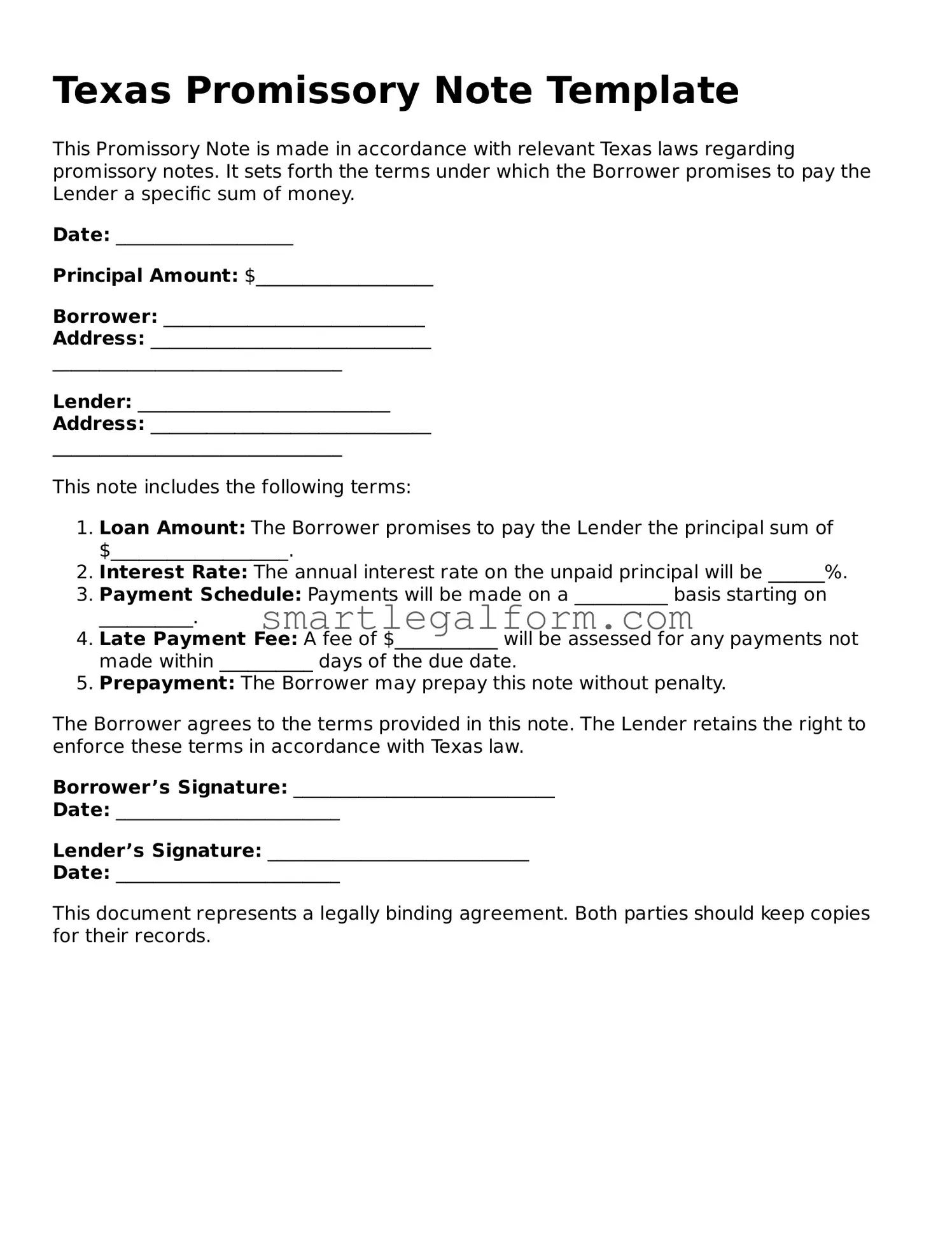 Printable Texas Promissory Note Document