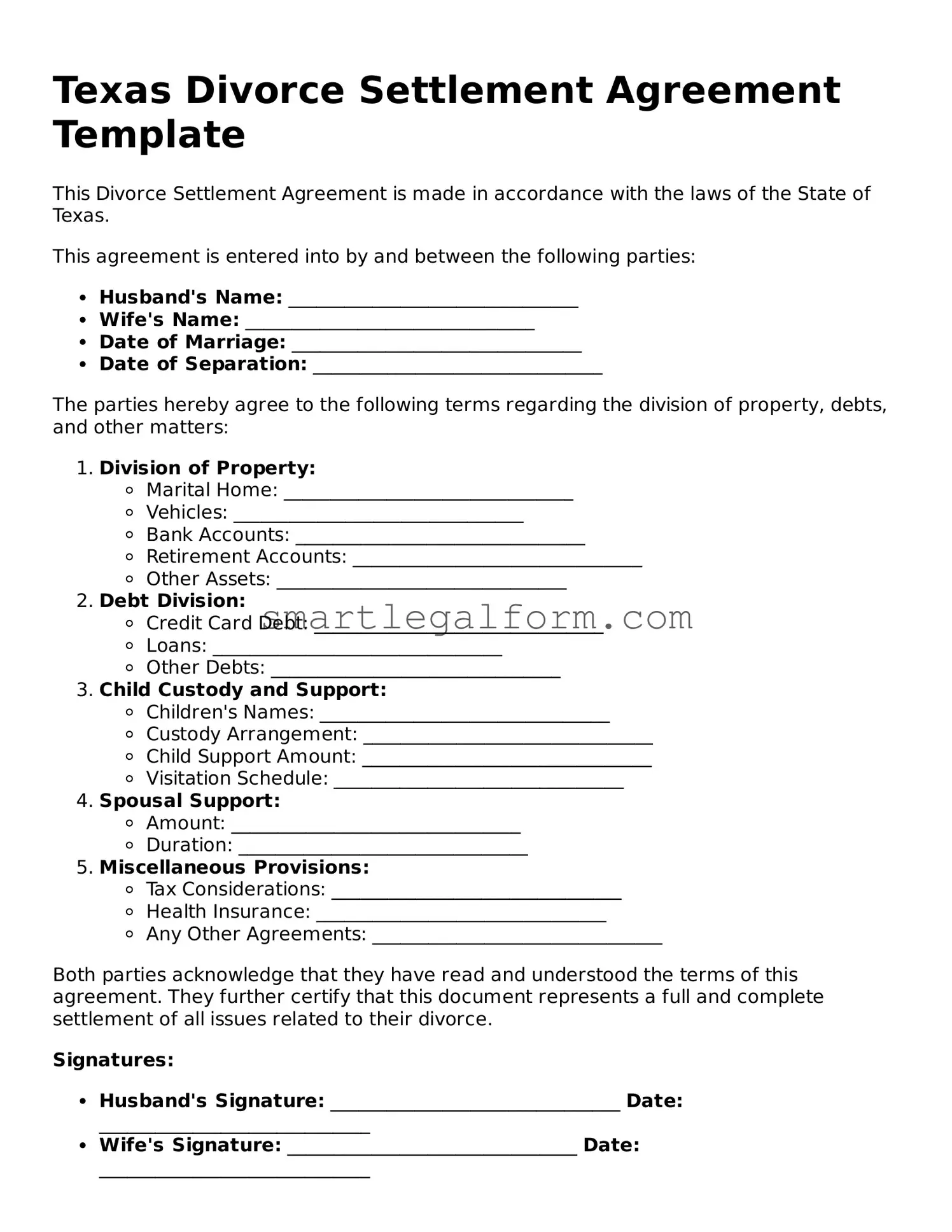 Printable Texas Divorce Settlement Agreement Document