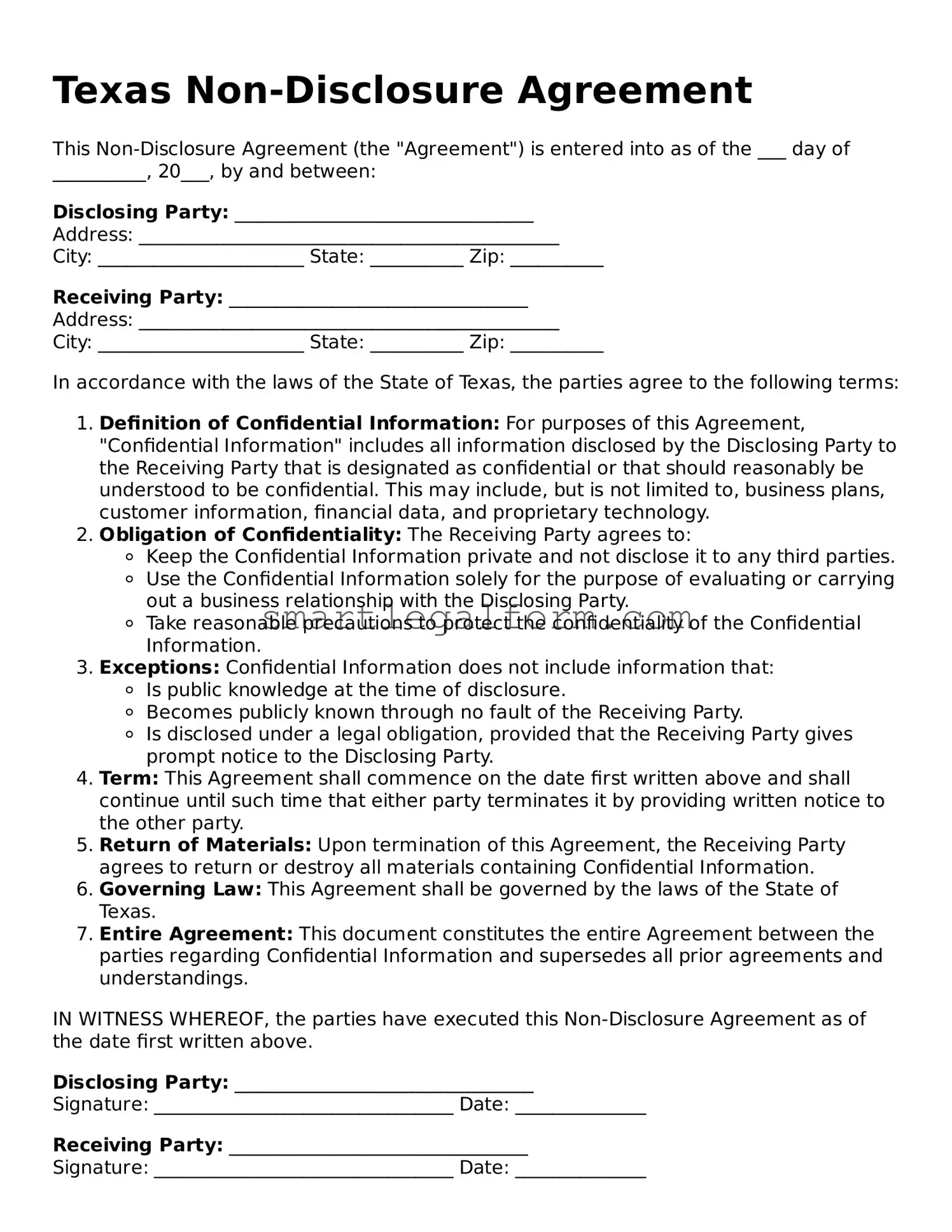Printable Texas Non-disclosure Agreement Document