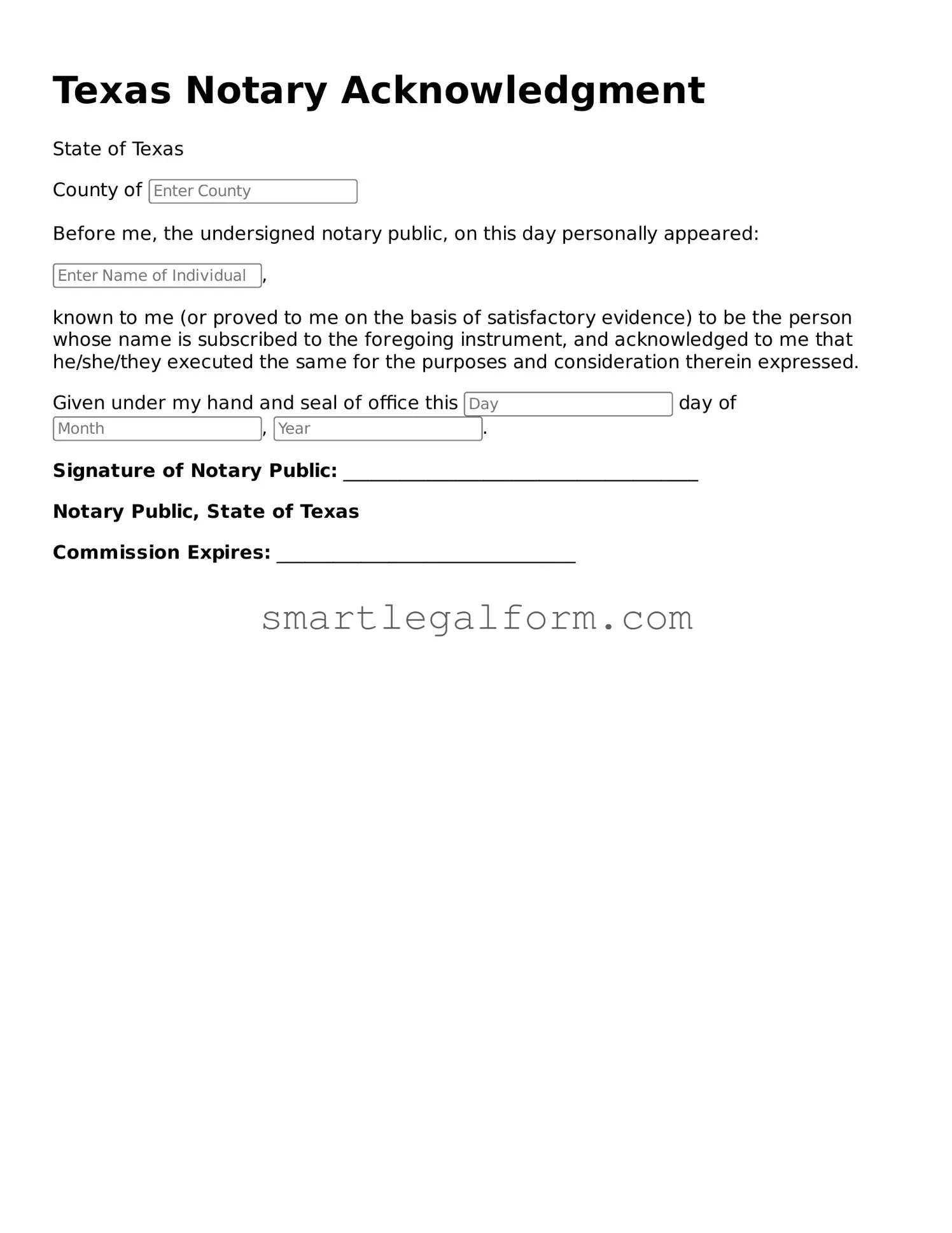 Printable Texas Notary Acknowledgement Document