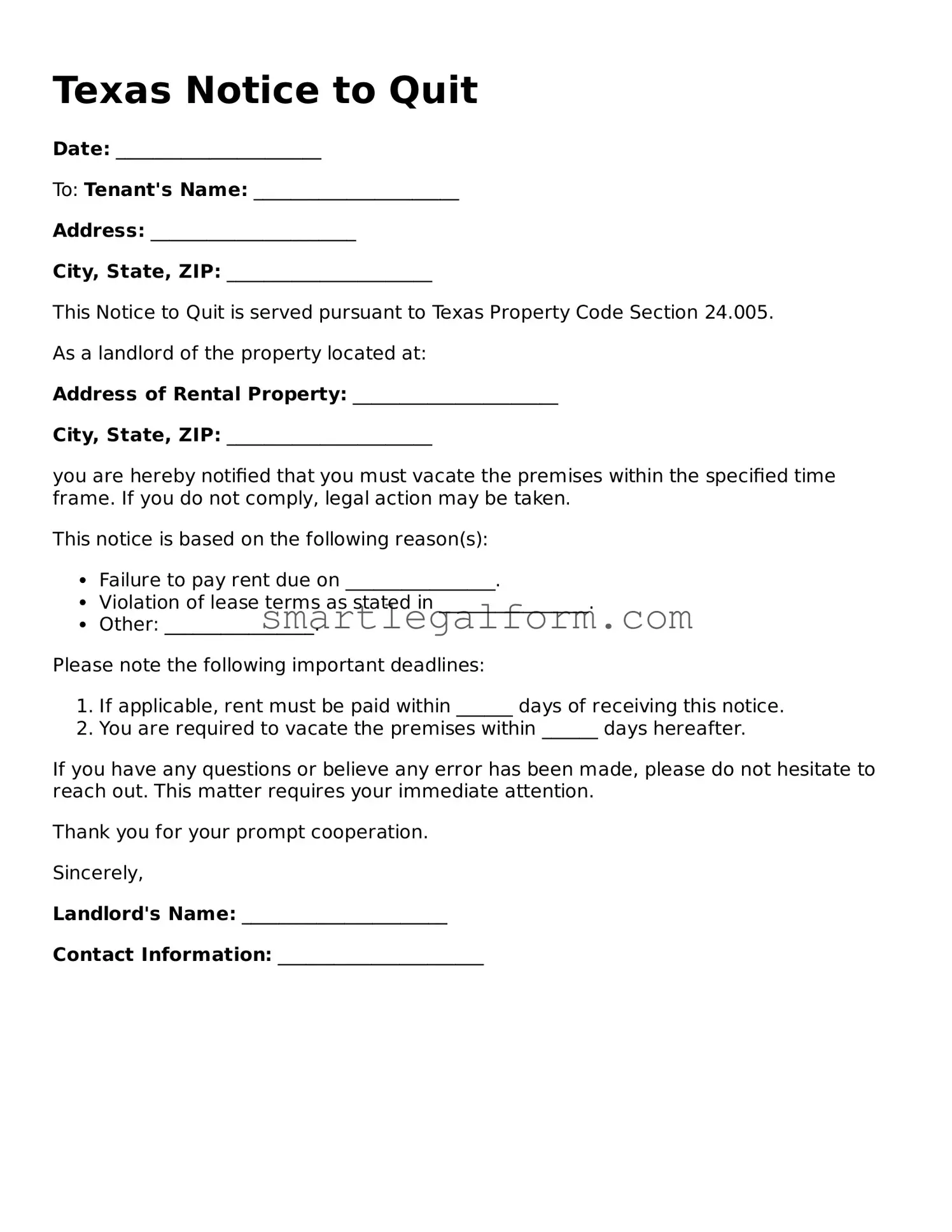 Printable Texas Notice to Quit Document