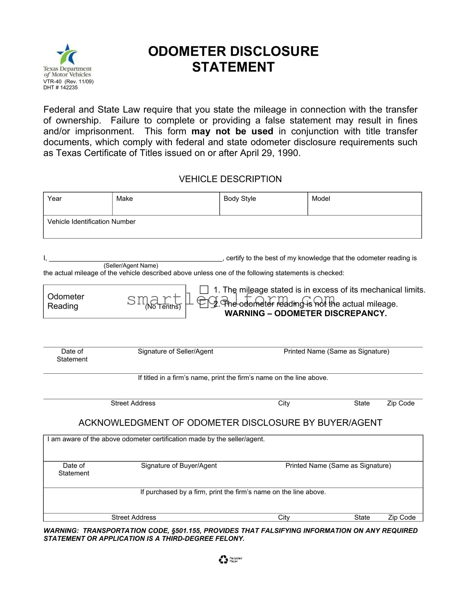Free Texas Odometer Statement Form