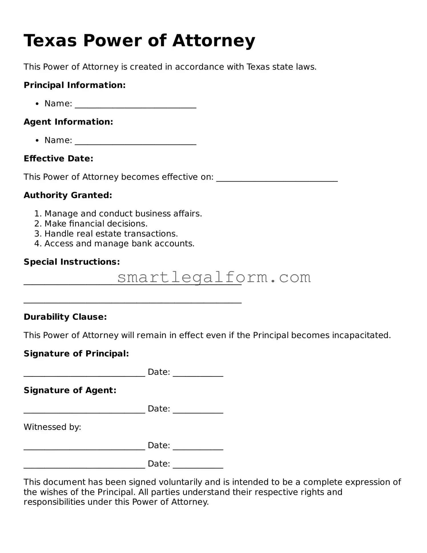 Printable Texas Power of Attorney Document
