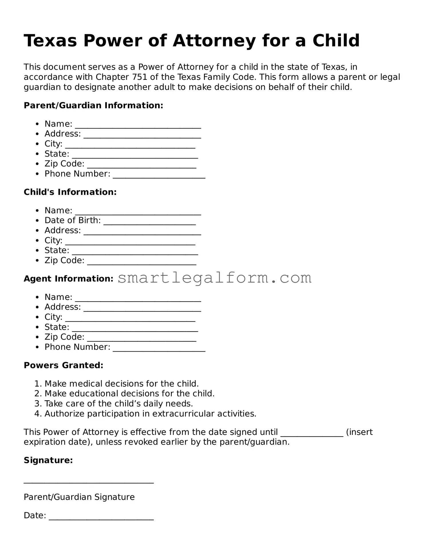 Printable Texas Power of Attorney for a Child Document