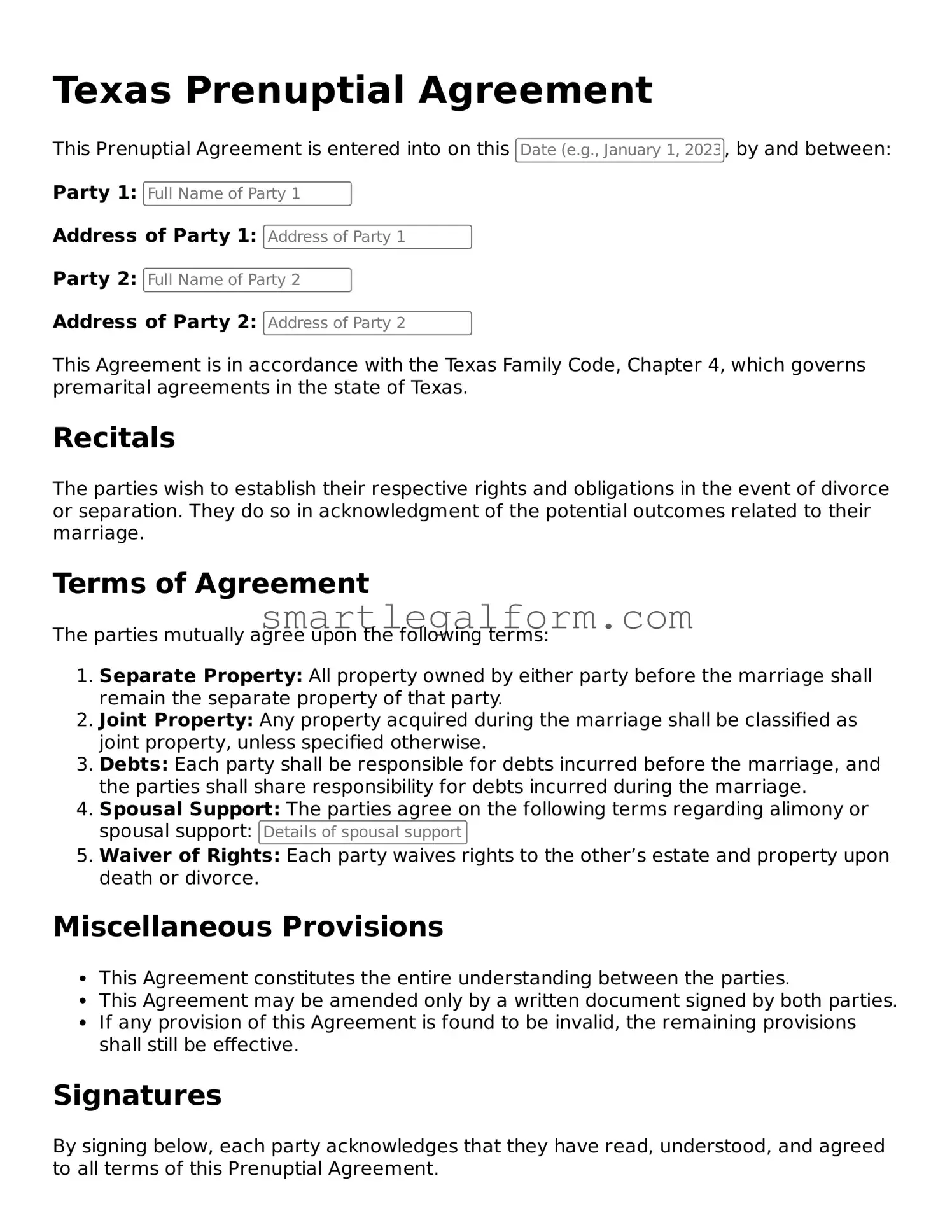 Printable Texas Prenuptial Agreement Document