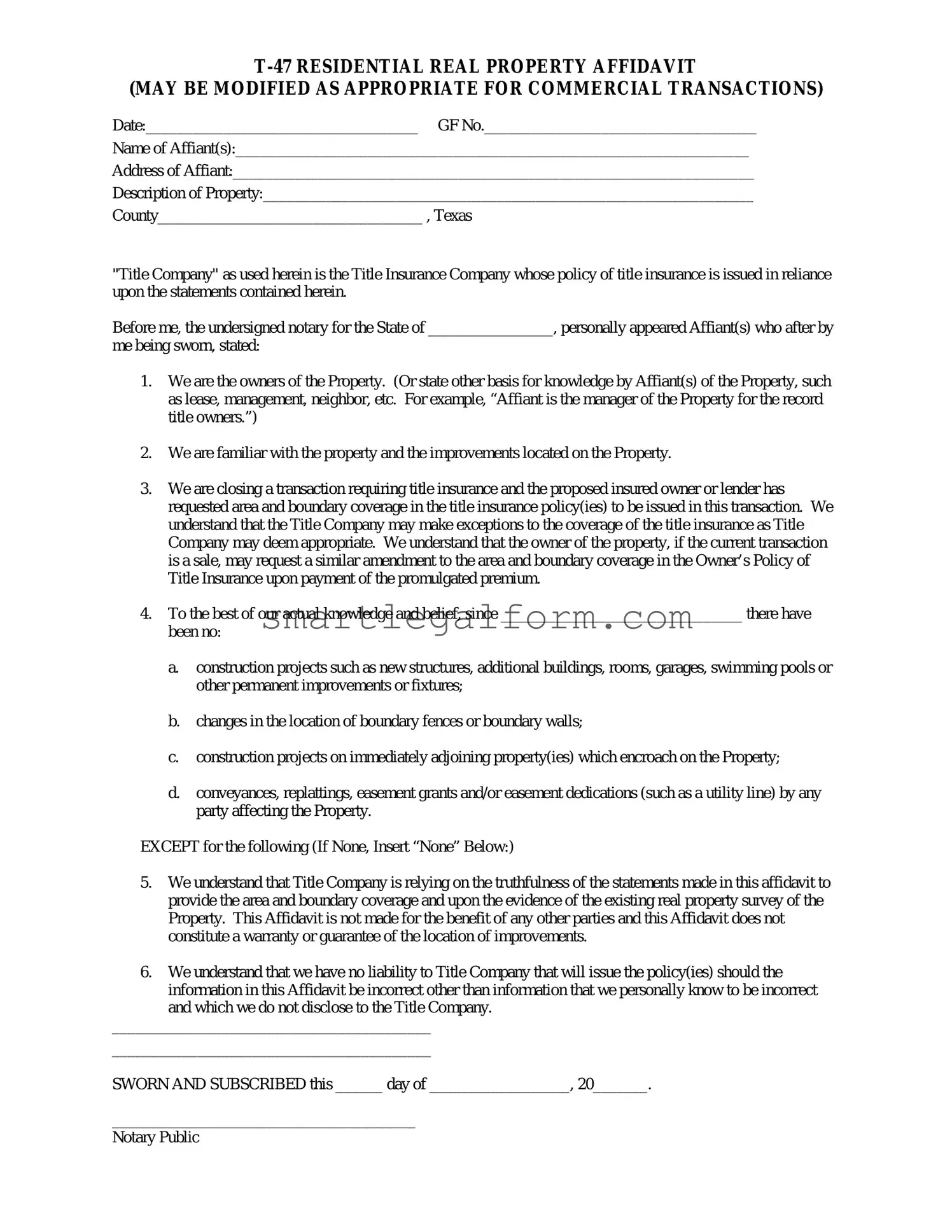 Free Texas residential property affidavit T-47 Form