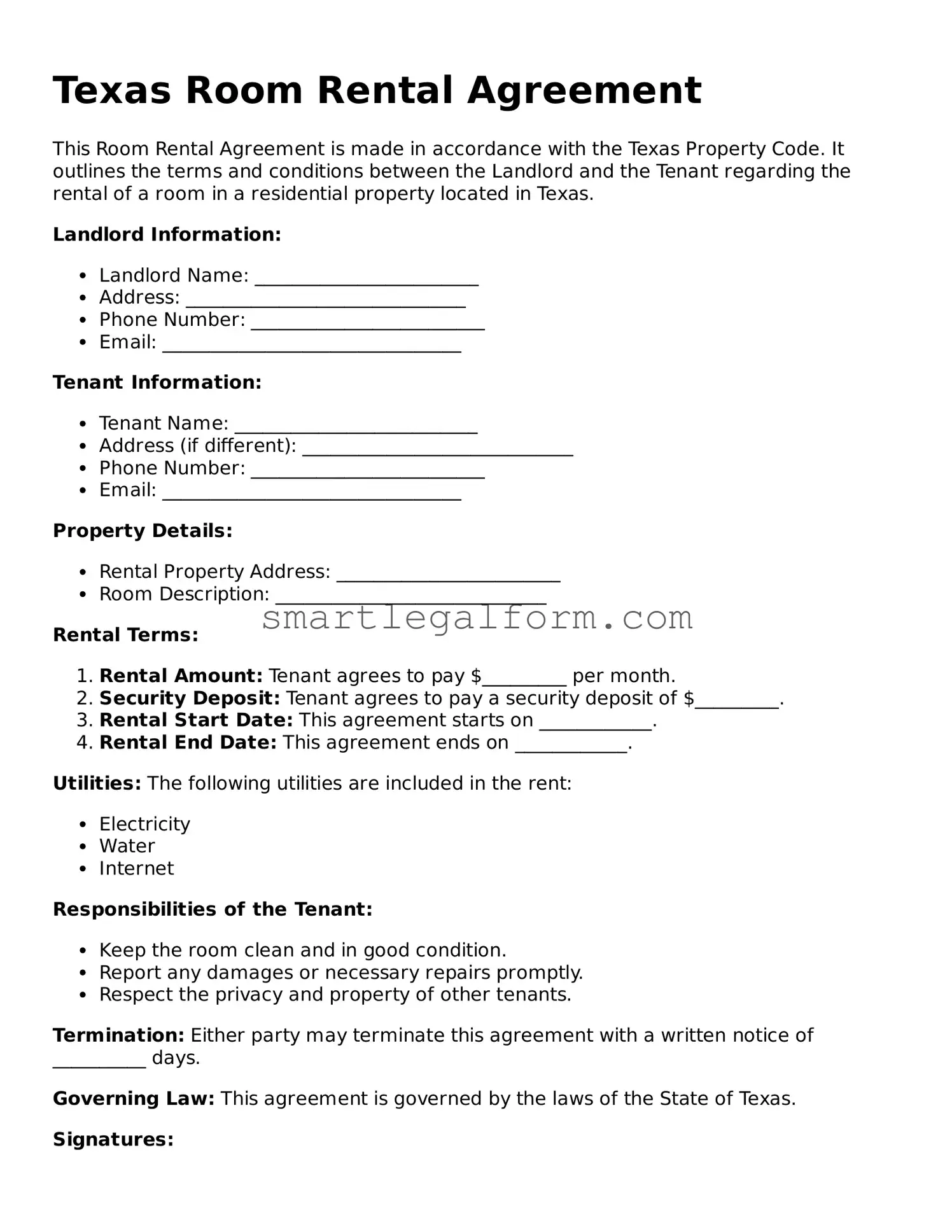 Printable Texas Room Rental Agreement Document