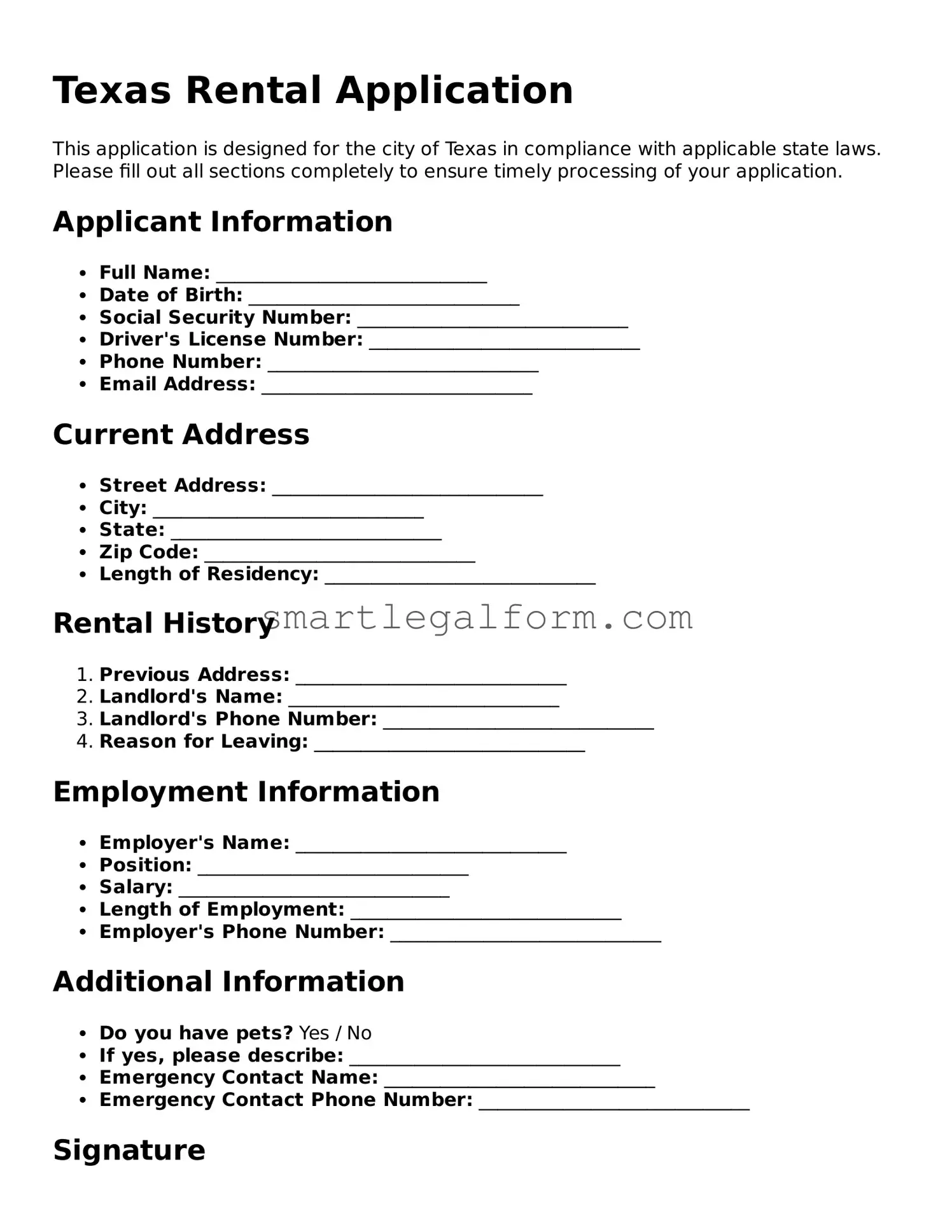 Printable Texas Rental Application Document
