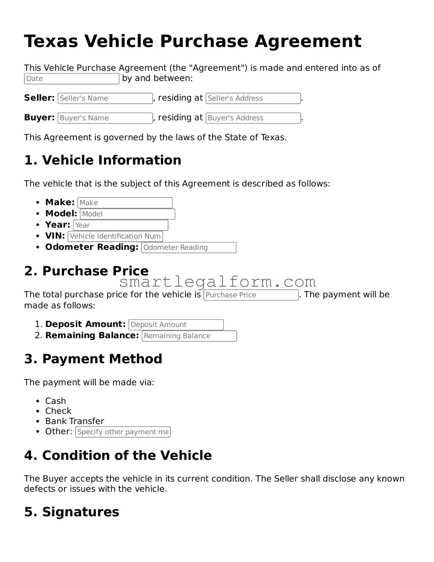 Printable Texas Vehicle Purchase Agreement Document