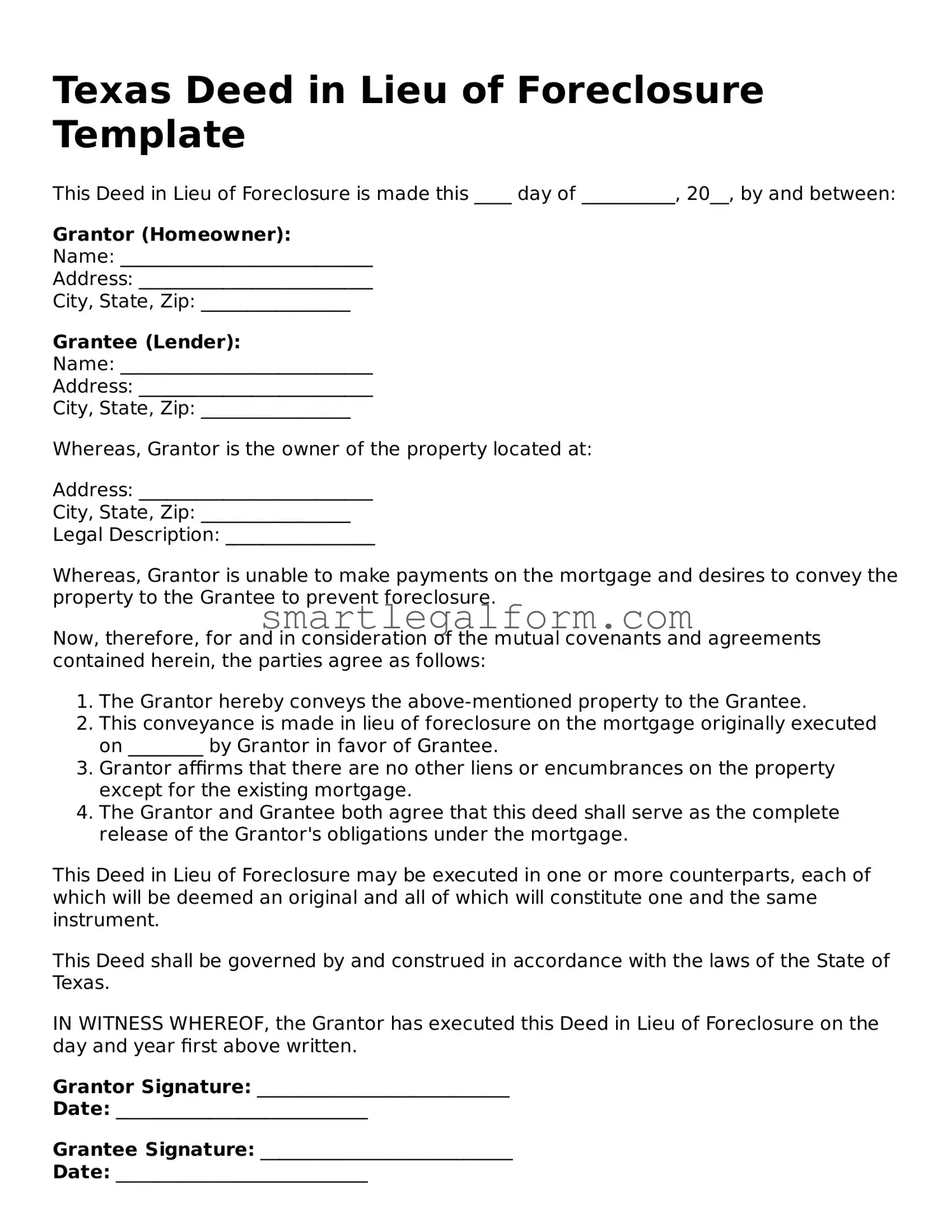 Printable Texas Deed in Lieu of Foreclosure Document