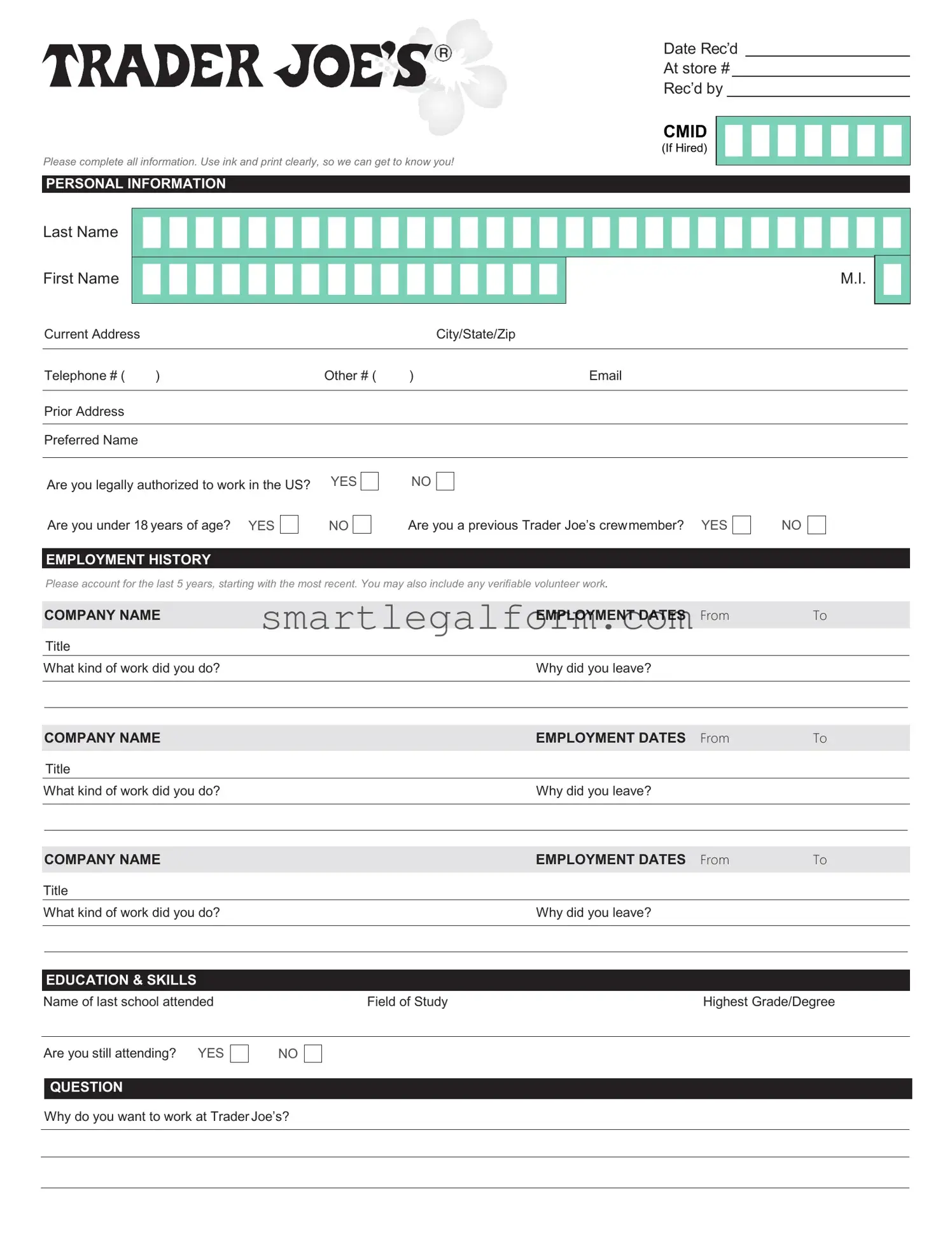 Free Trader Joe's application Form