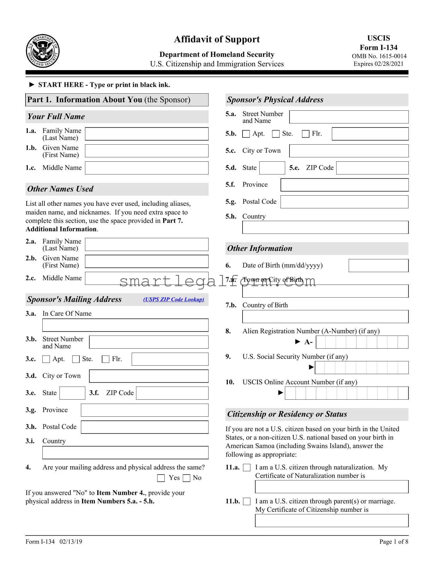 Free USCIS I-134 Form