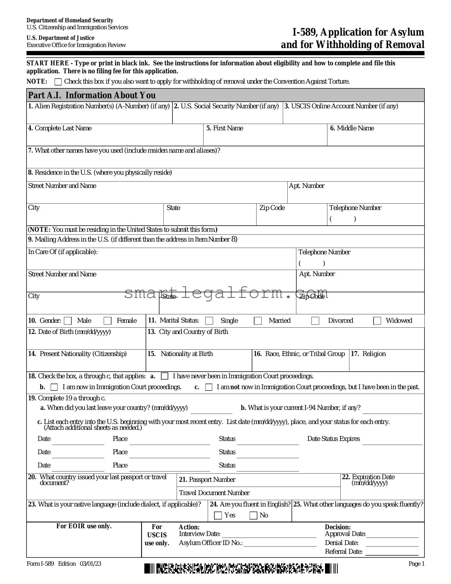 Free USCIS I-589 Form
