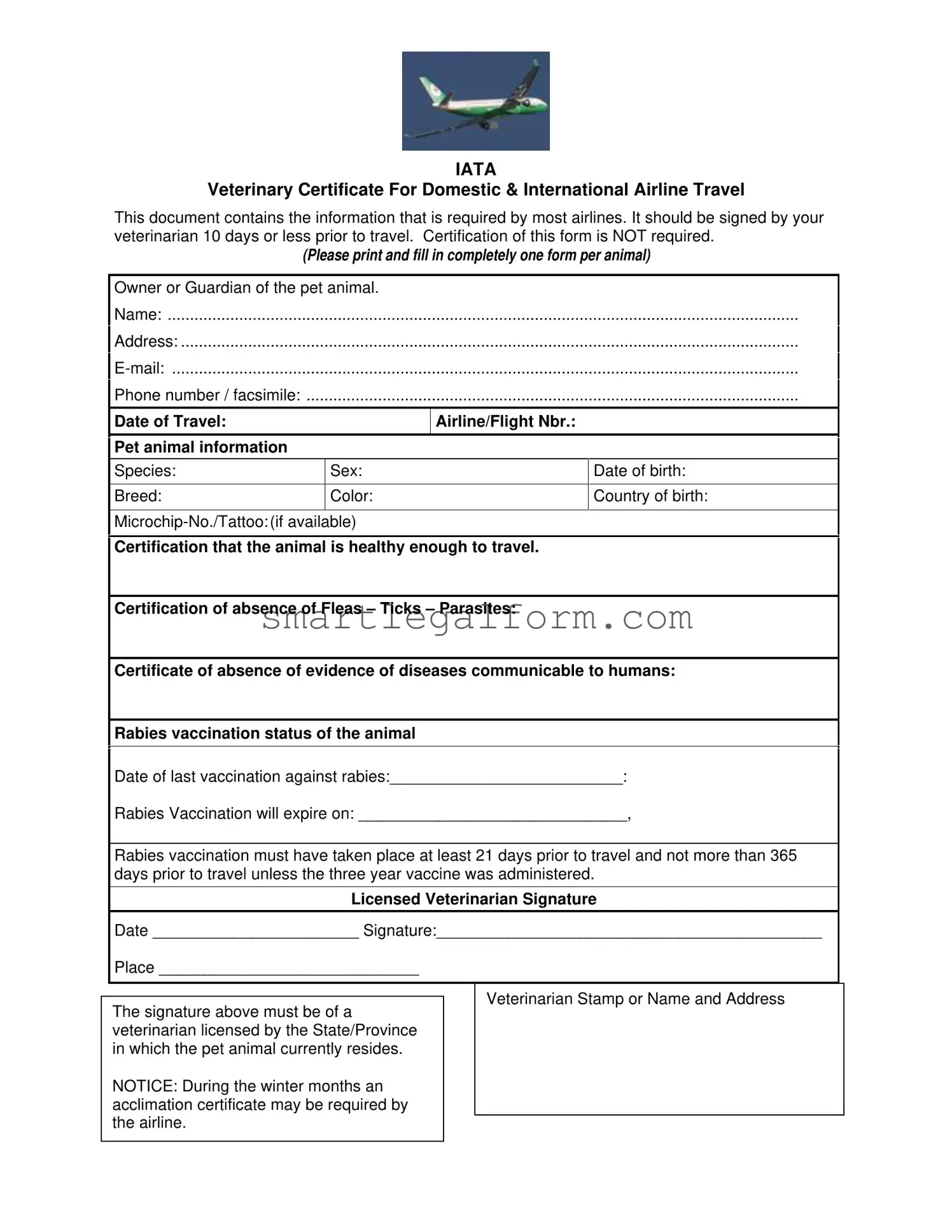Free Veterinary Certificate Travel Form