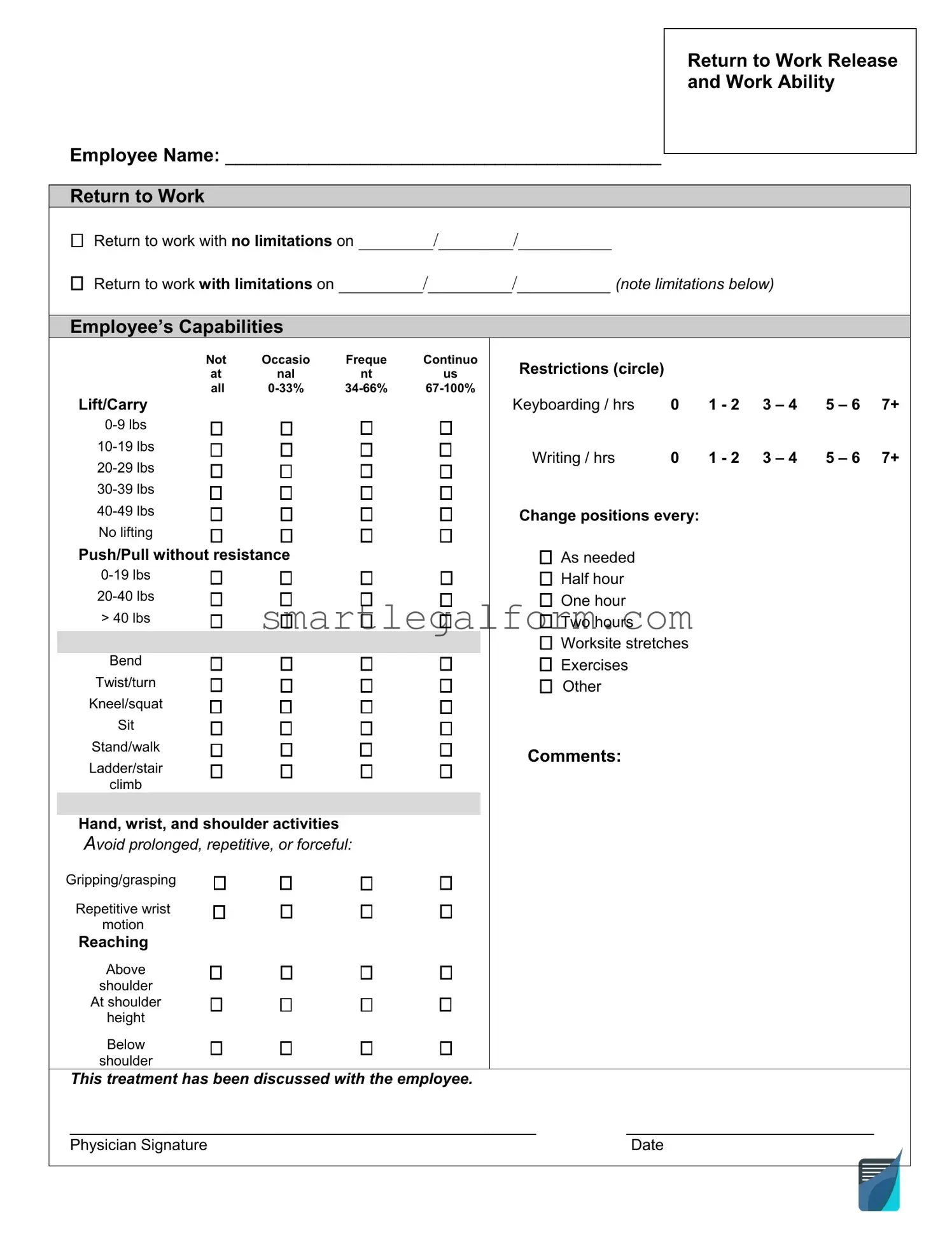 Free Work Release Form